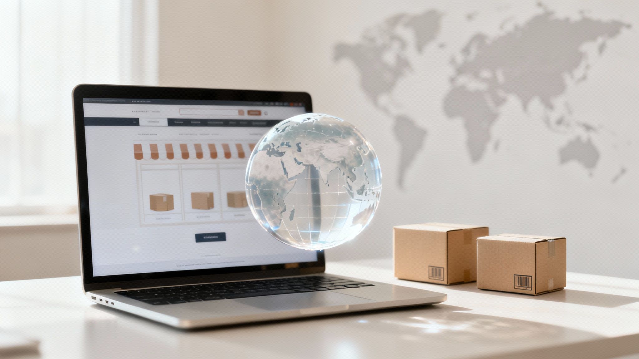 Laptop displaying an e-commerce site with a floating globe and shipping boxes, against a world map.