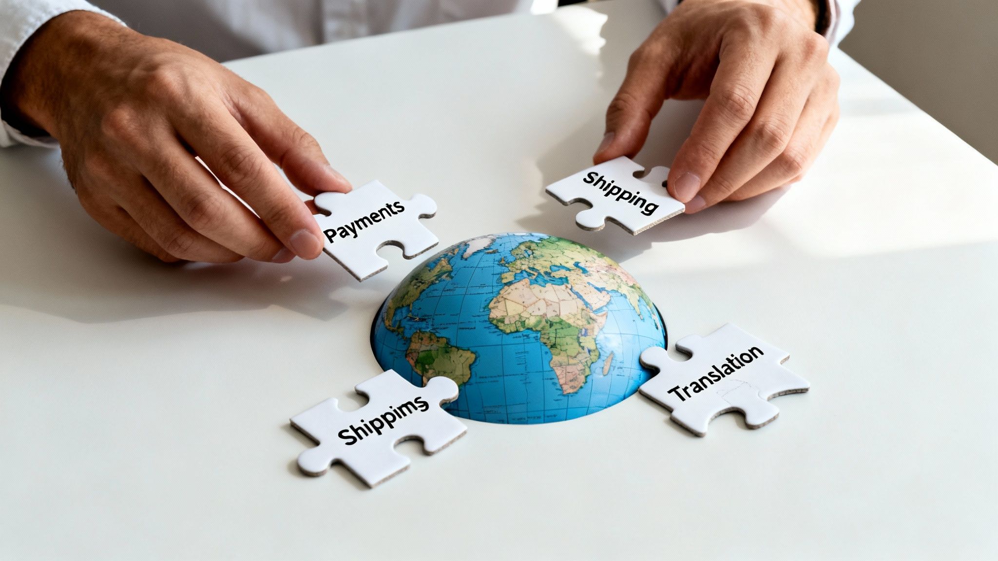 A person's hands placing puzzle pieces with 'payments', 'shipping', 'translation' words around a globe.