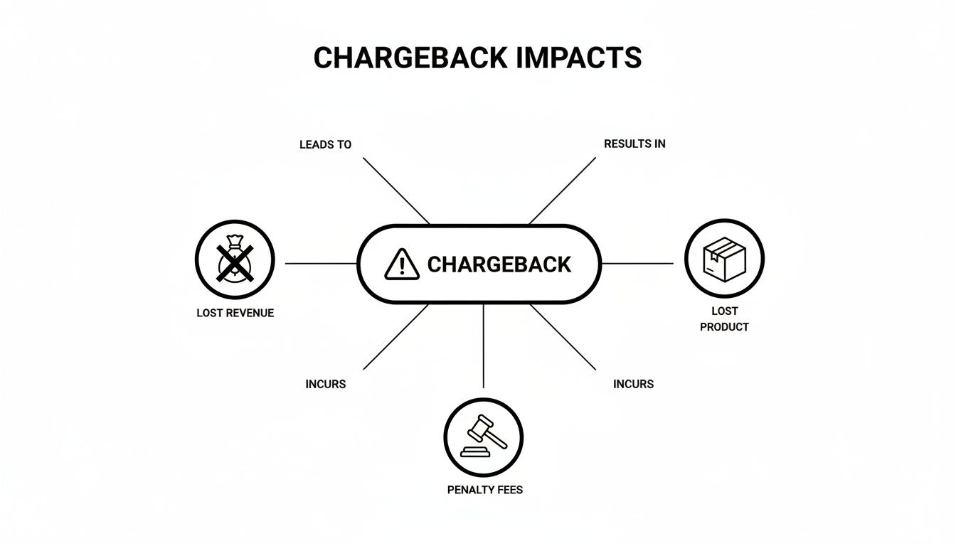 A diagram illustrating the negative impacts of a chargeback, including lost revenue, product, and penalty fees.