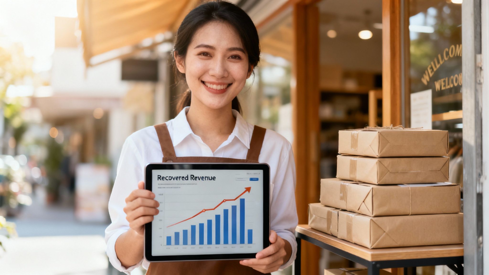 Smiling Asian woman holds tablet showing 'Recovered Revenue' growth chart beside stacked delivery packages.
