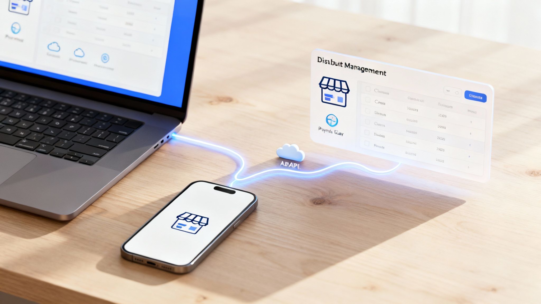 Laptop, smartphone, and cloud API illustrating data flow and distribution management.