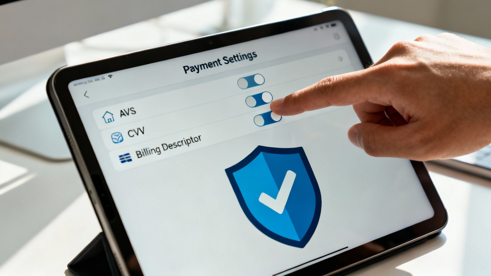 A hand taps on a tablet screen displaying payment security settings like AVS, CVV, and Billing Descriptor.