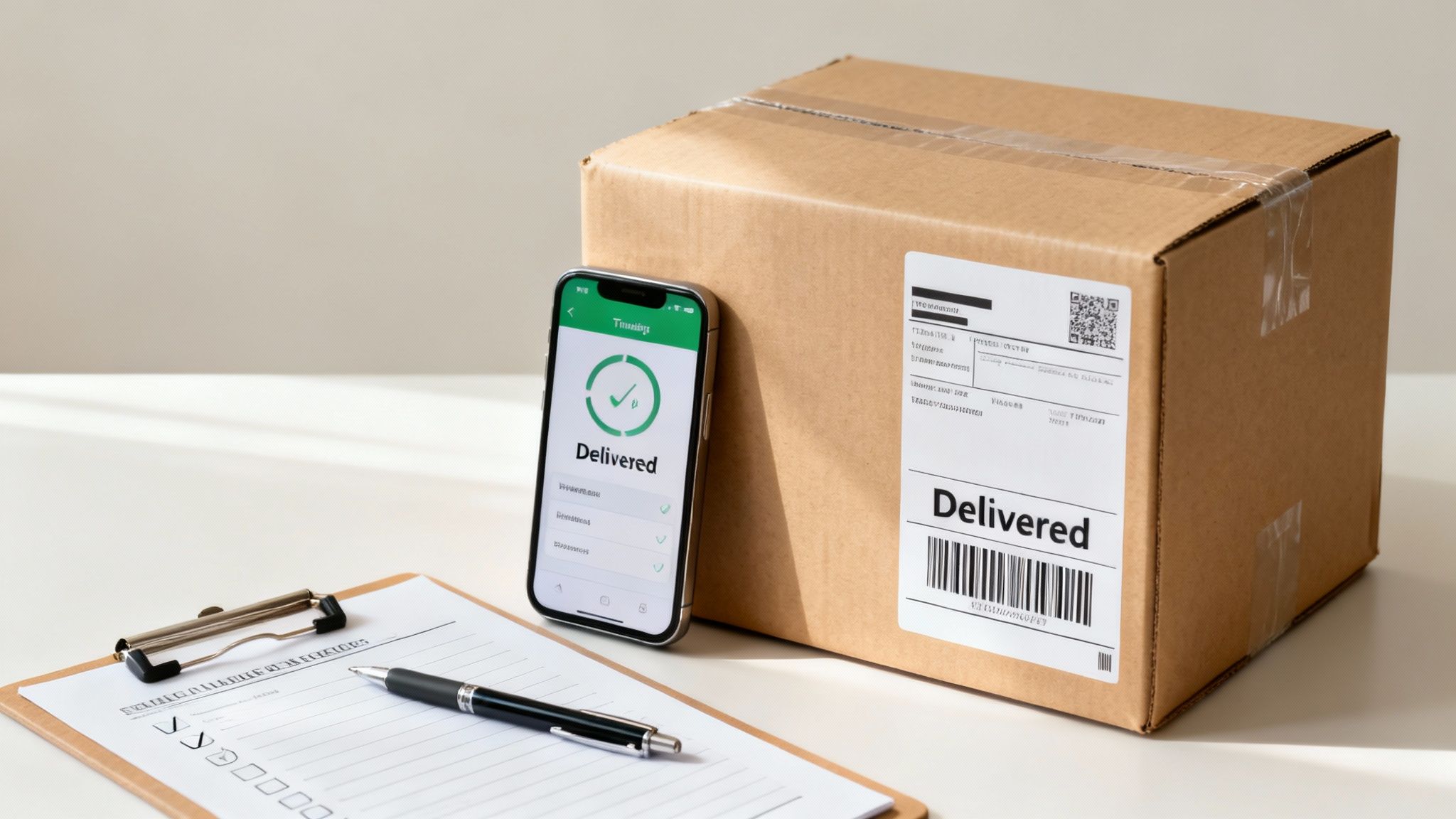 A brown delivery box with a 'Delivered' label next to a smartphone showing a delivery tracking app.
