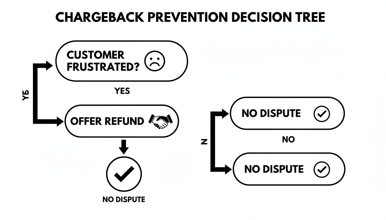Chargeback prevention decision tree: offer refunds to frustrated customers to avoid disputes.
