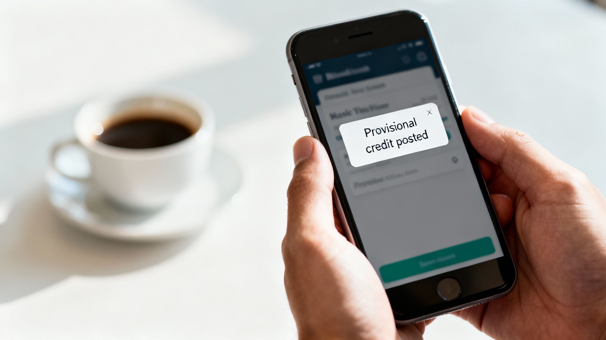 Hands holding a smartphone displaying a 'Provisional credit posted' notification, with a coffee cup in the background.