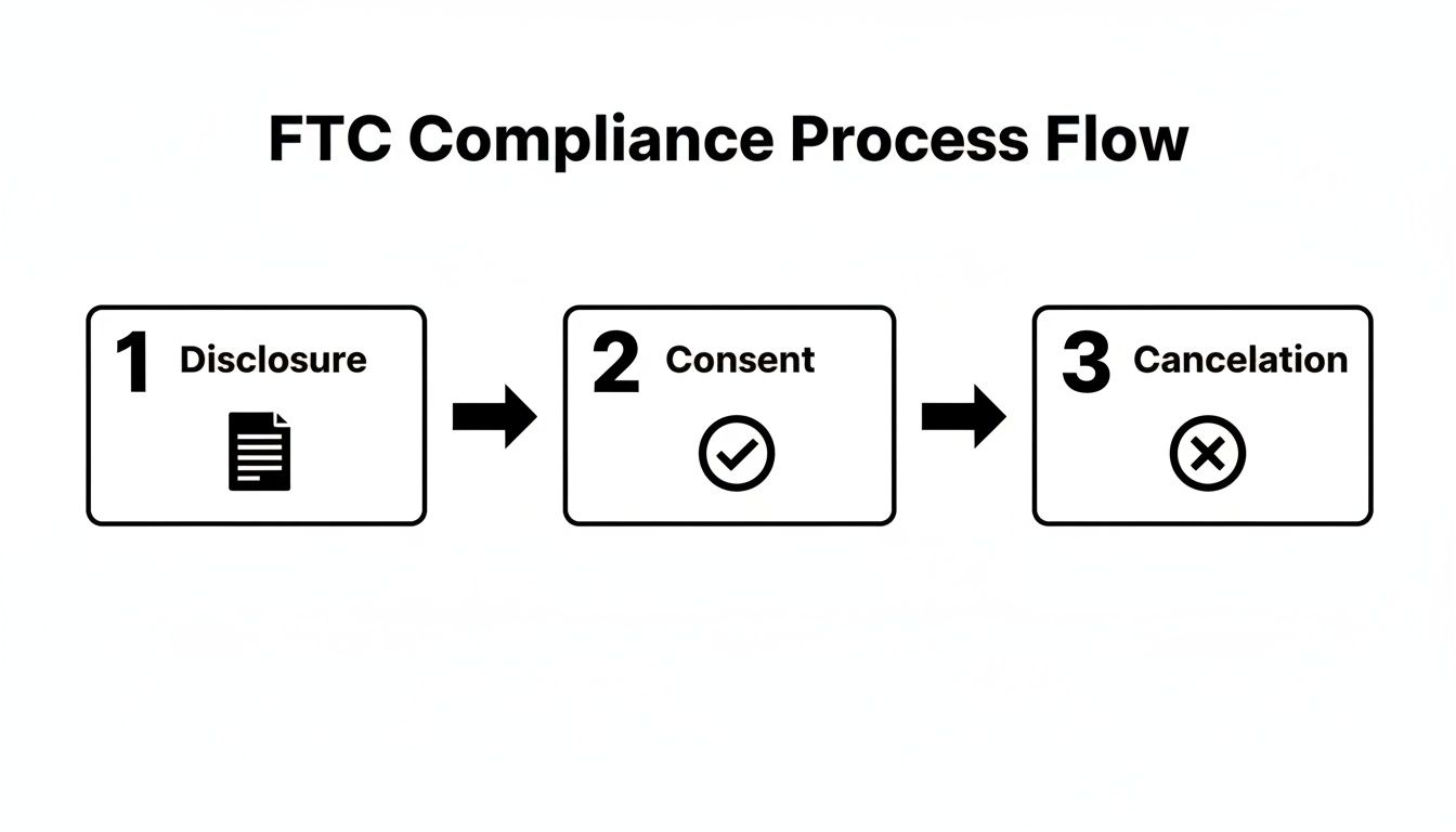 A flowchart illustrating the FTC compliance process including disclosure, consent, and cancellation steps.