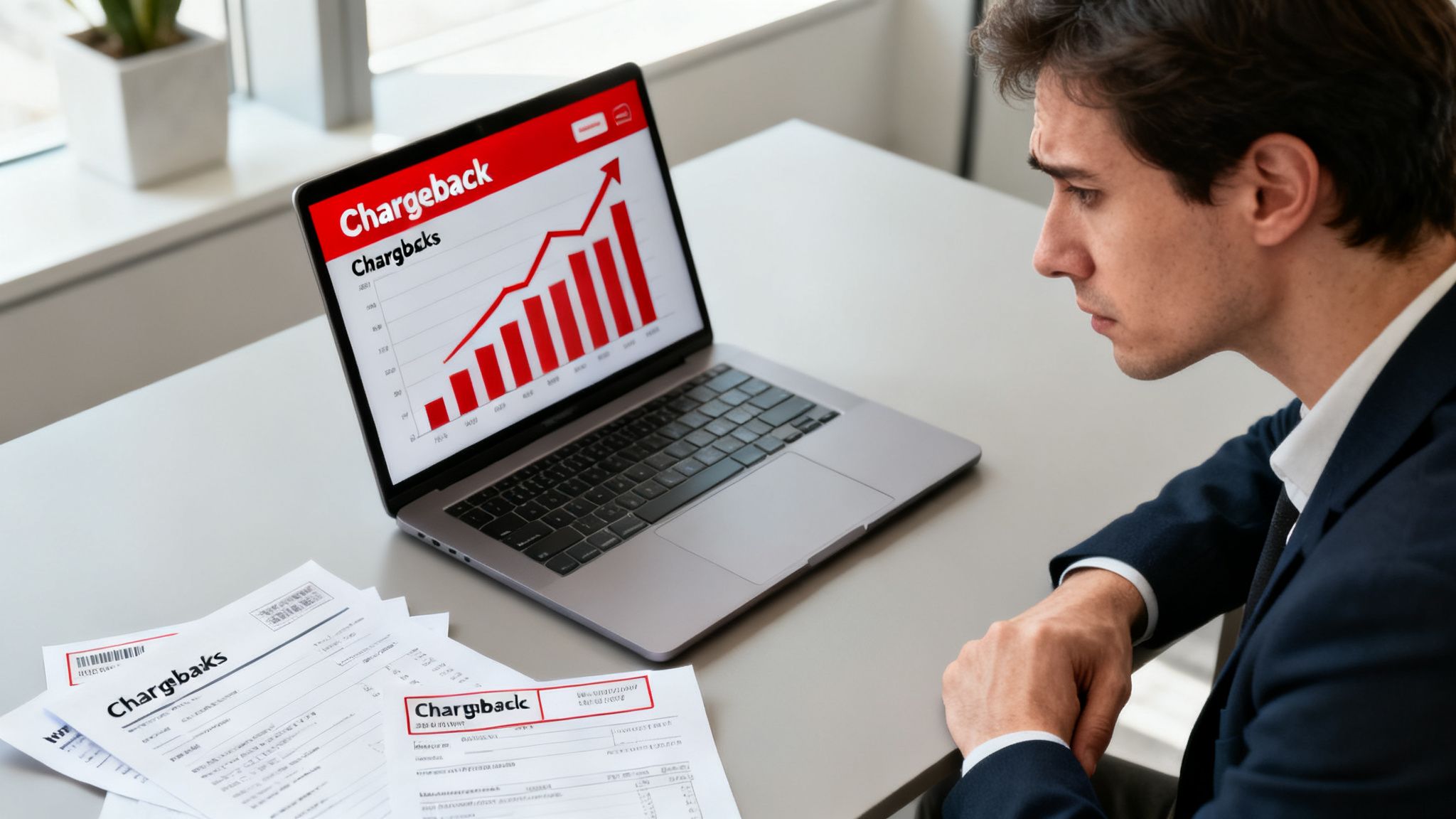 A concerned man examines a laptop displaying a rising chargeback graph and related documents.