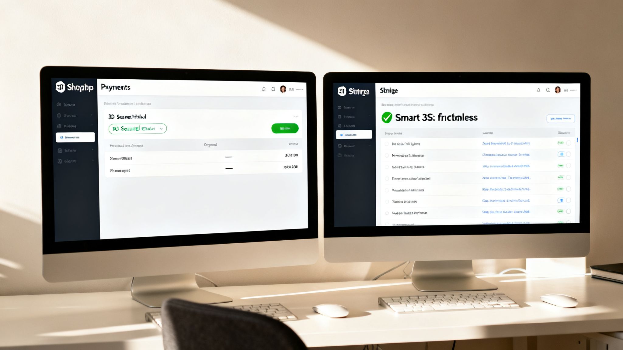 Two computer monitors display web applications, one showing payment settings with 3D Secure, the other a smart dashboard.