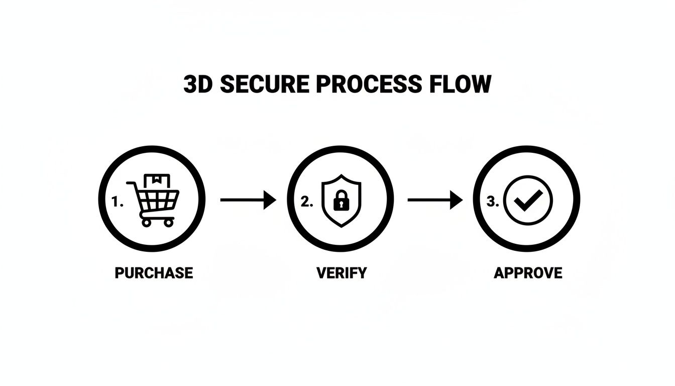 Black and white diagram outlining the 3D secure authentication process flow from purchase to approval.