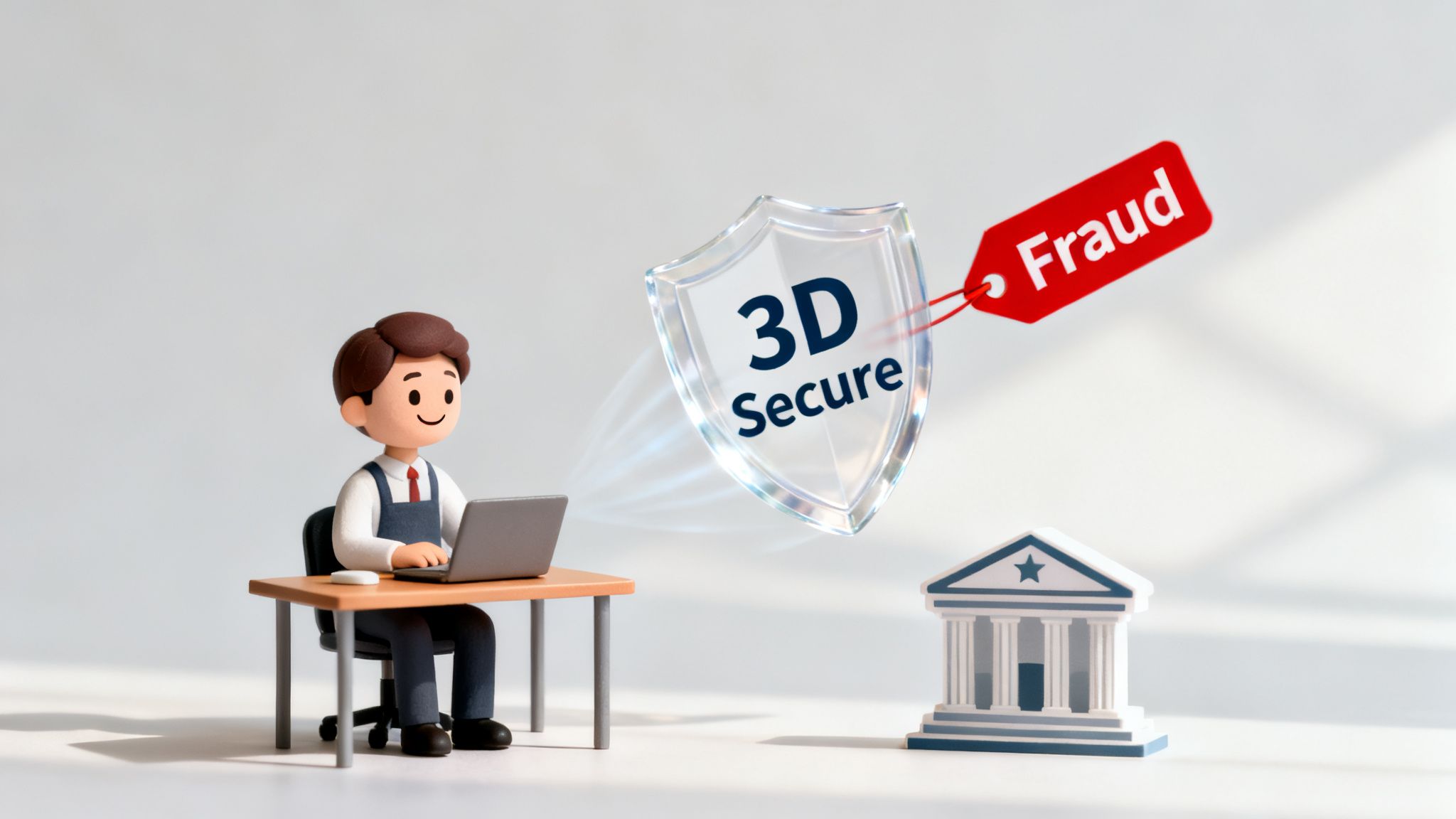 Cartoon person with laptop and a 3D Secure shield protecting bank transactions from fraud.