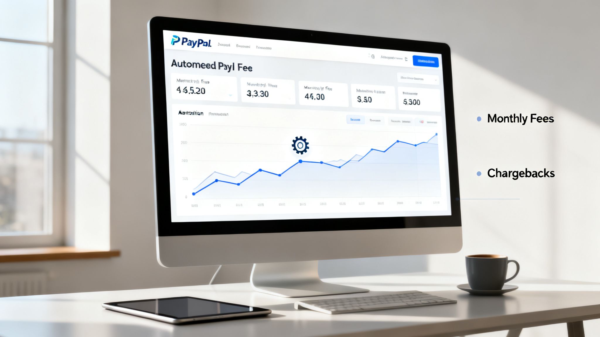 A PayPal dashboard on a computer monitor displays charts for monthly fees and chargebacks.