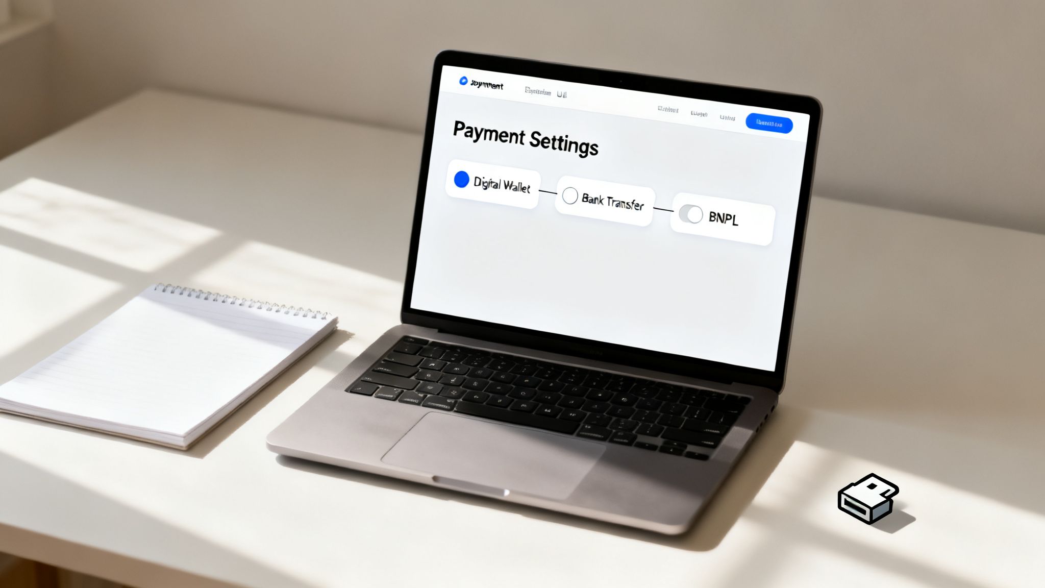 A laptop screen displays 'Payment Settings' with options for 'Digital Wallet', 'Bank Transfer', and 'BNPL'.