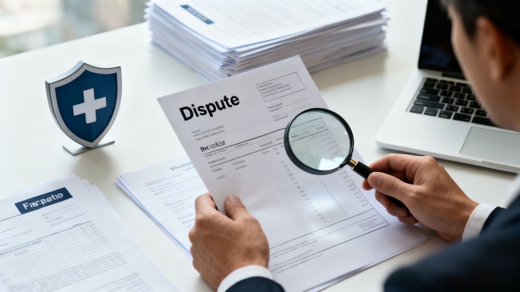 A man reviews a medical dispute document with a magnifying glass beside a laptop and a health shield.