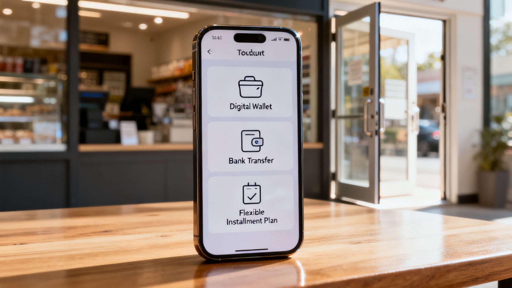 A smartphone on a wooden table displays a payment app with options for digital wallet, bank transfer, and installment plans.