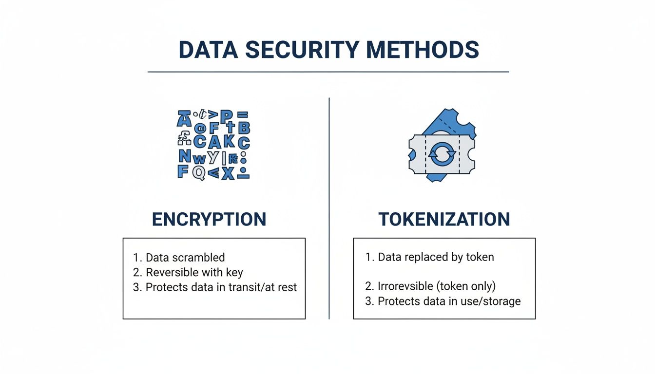 A comparison chart of data security methods: Encryption and Tokenization, outlining their characteristics.