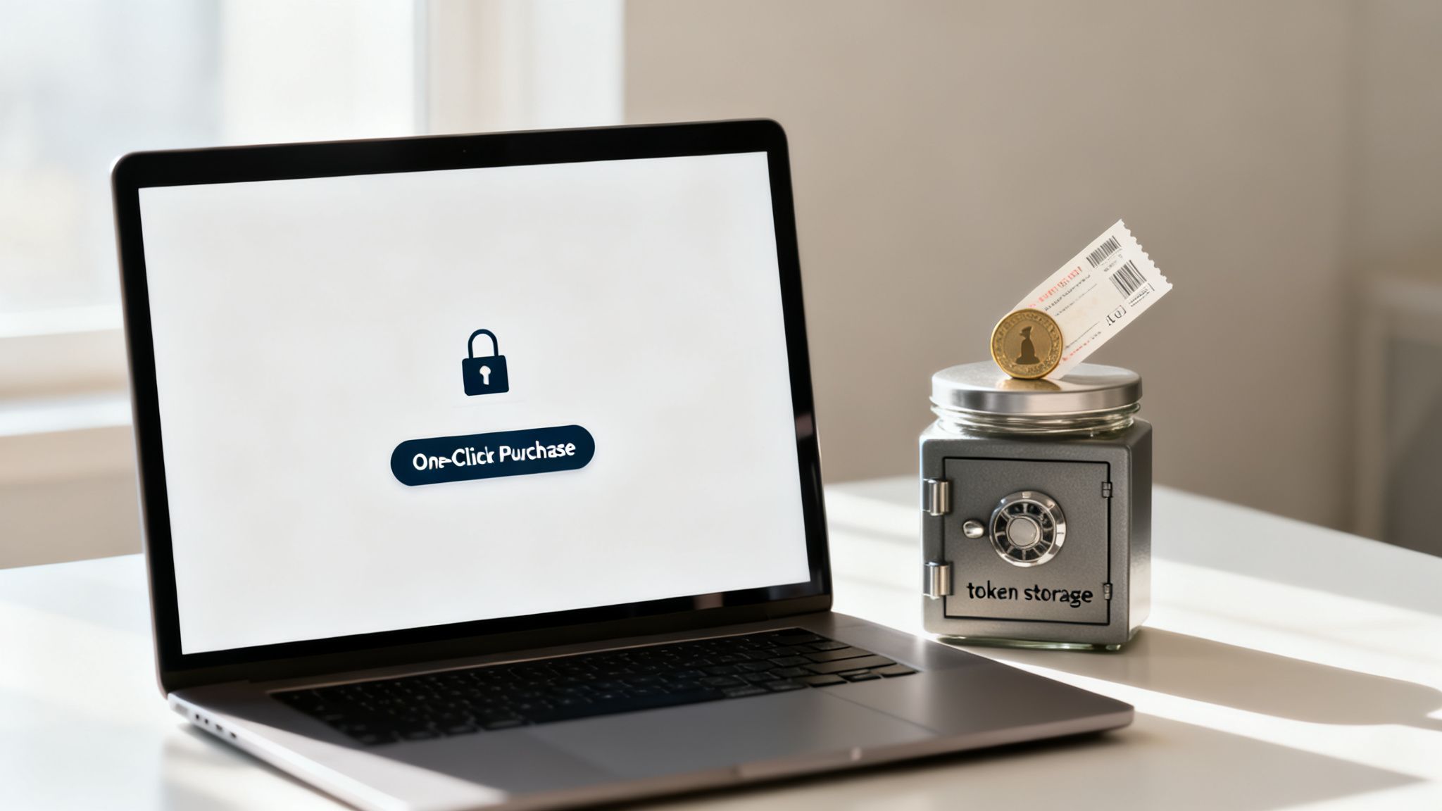 Laptop screen displays 'One-Click Purchase' next to a 'token storage' safe with a coin and receipt.