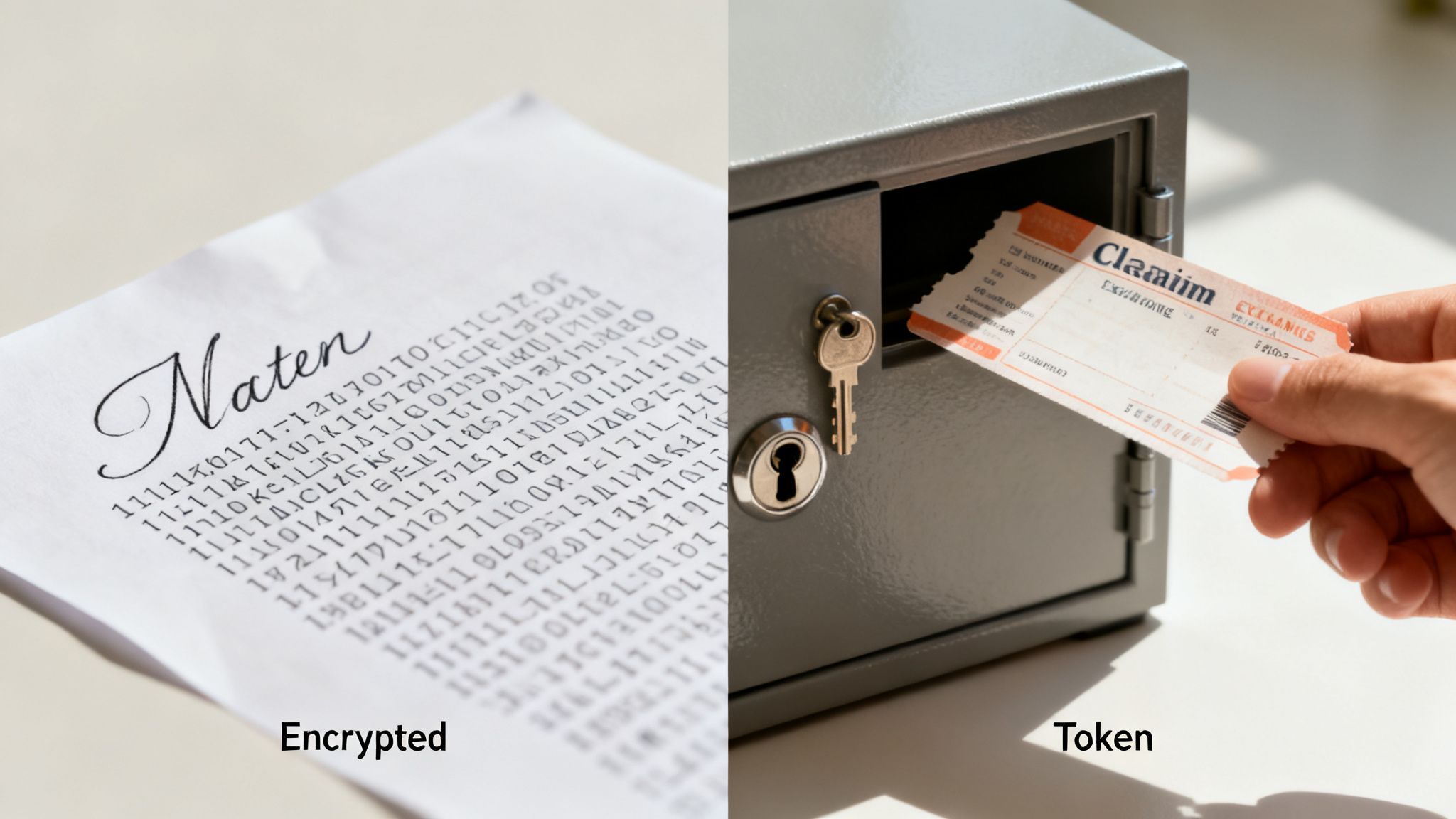 A split image shows encrypted text on paper on the left and a hand putting a token into a safe on the right.