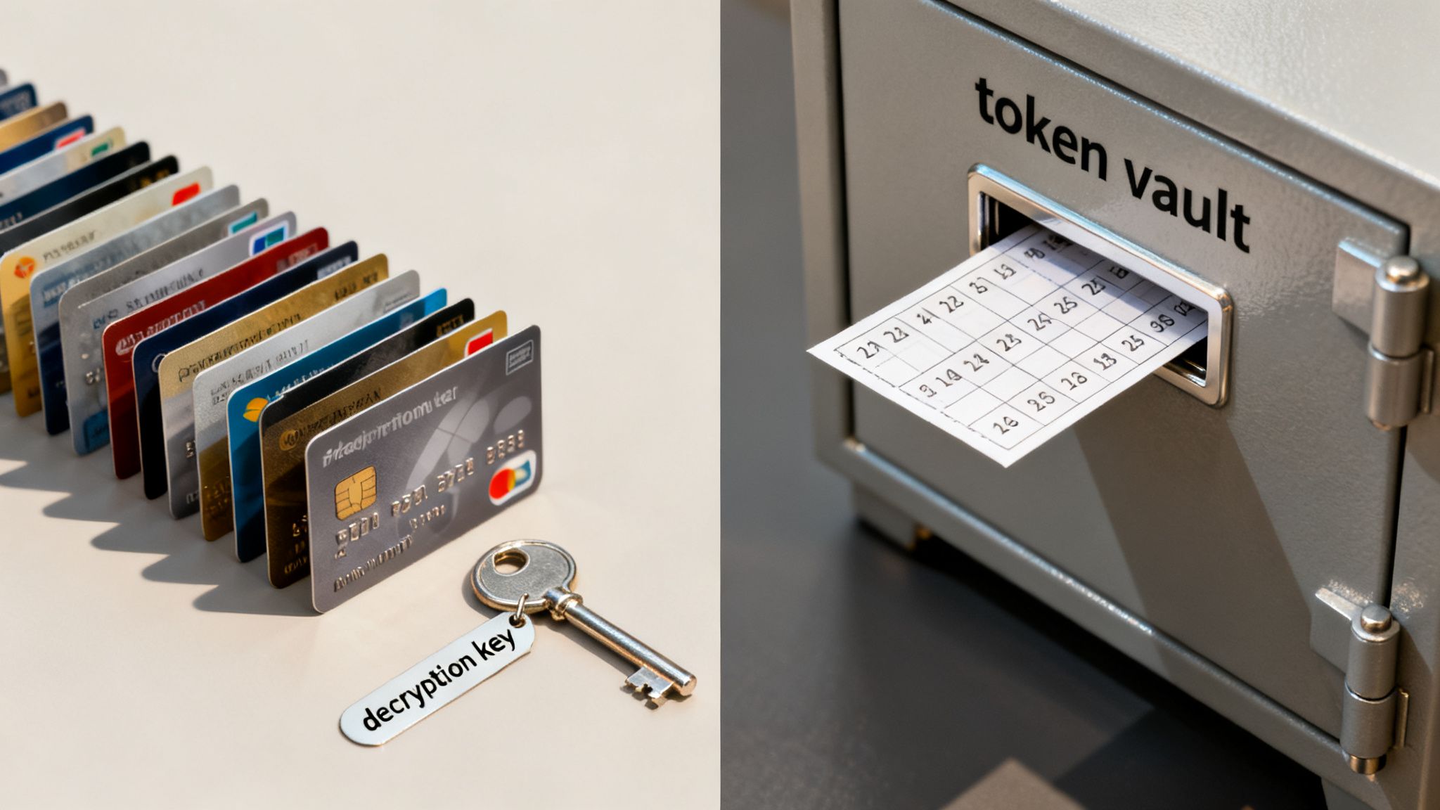 Credit cards and a decryption key illustrate data encryption, while a token vault represents tokenization.