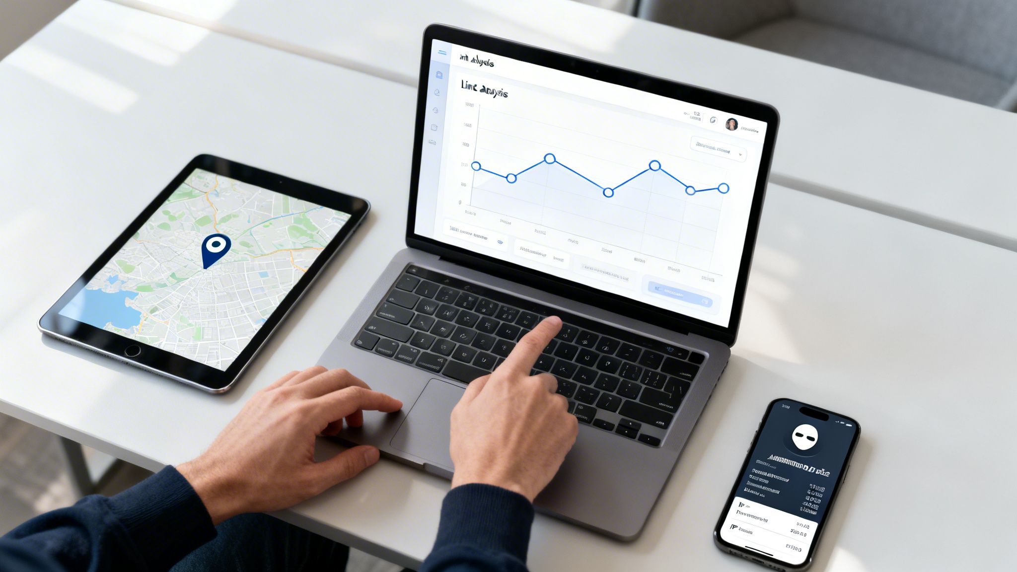 Overhead view of a person using a laptop with data analysis, a map on a tablet, and a smartphone.