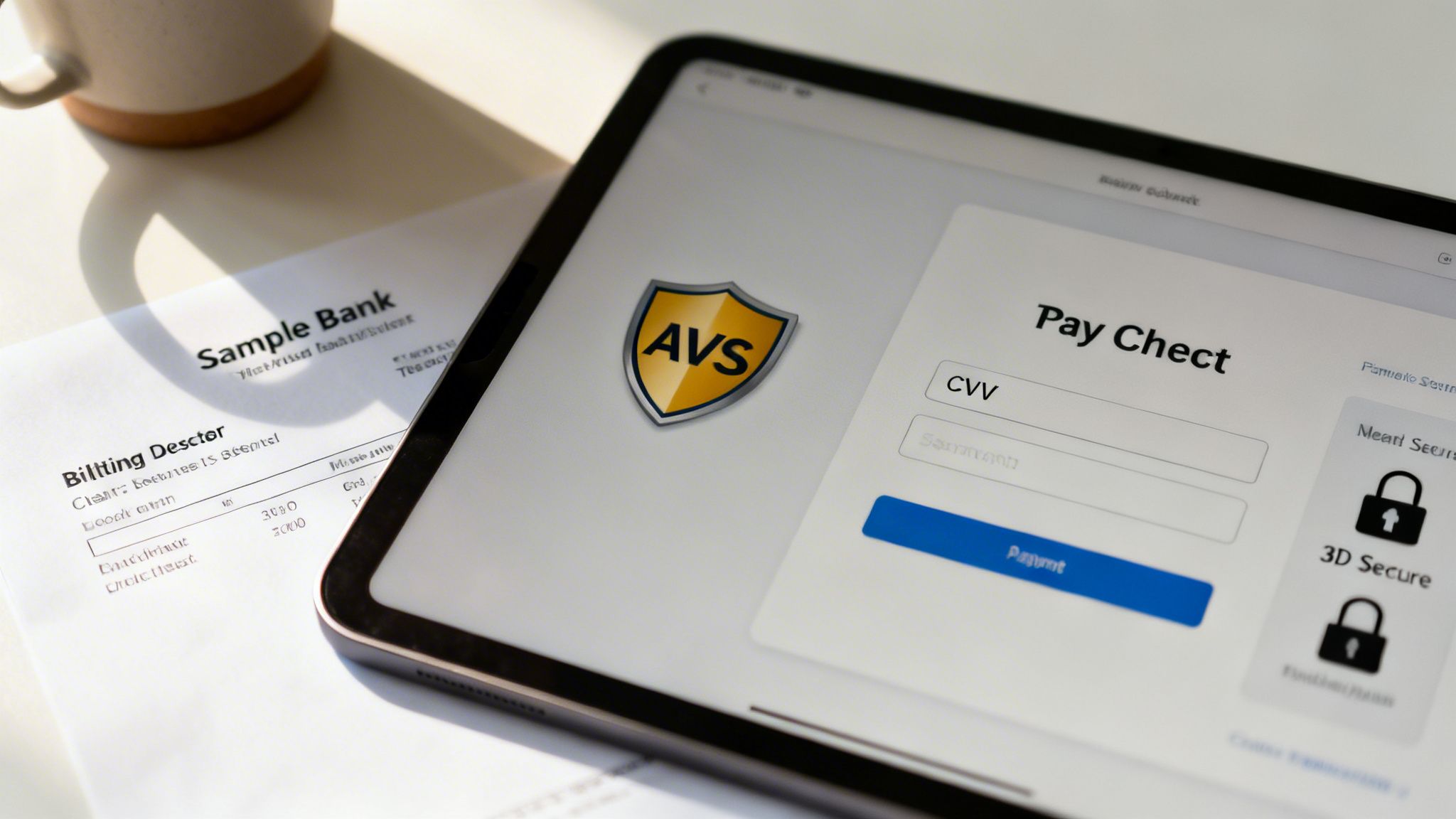 A tablet displaying an online payment form with an AVS logo, next to a bank statement and coffee cup.