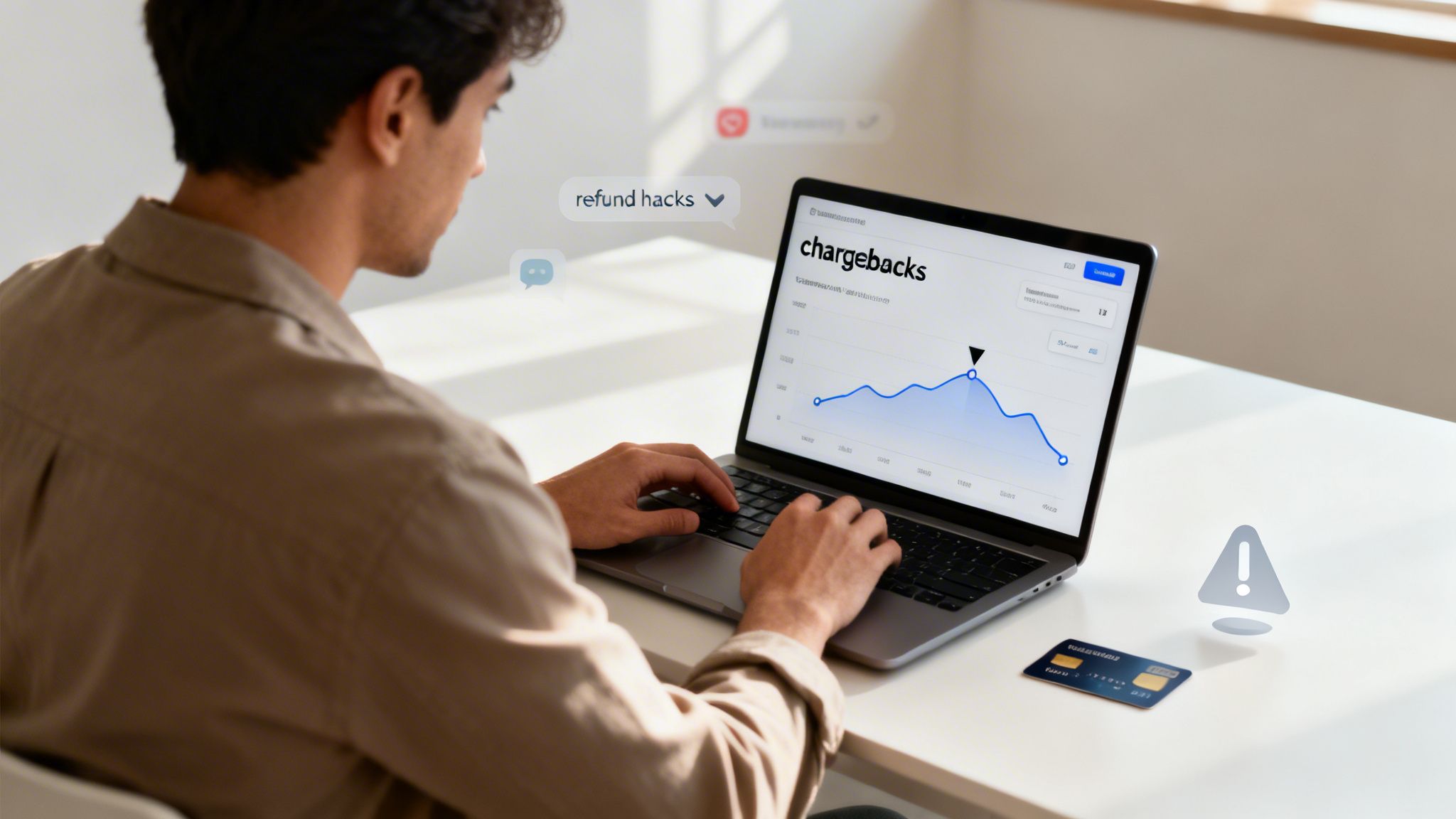 A person uses a laptop displaying a 'chargebacks' graph, with chat bubbles like 'refund hacks' and a credit card nearby.