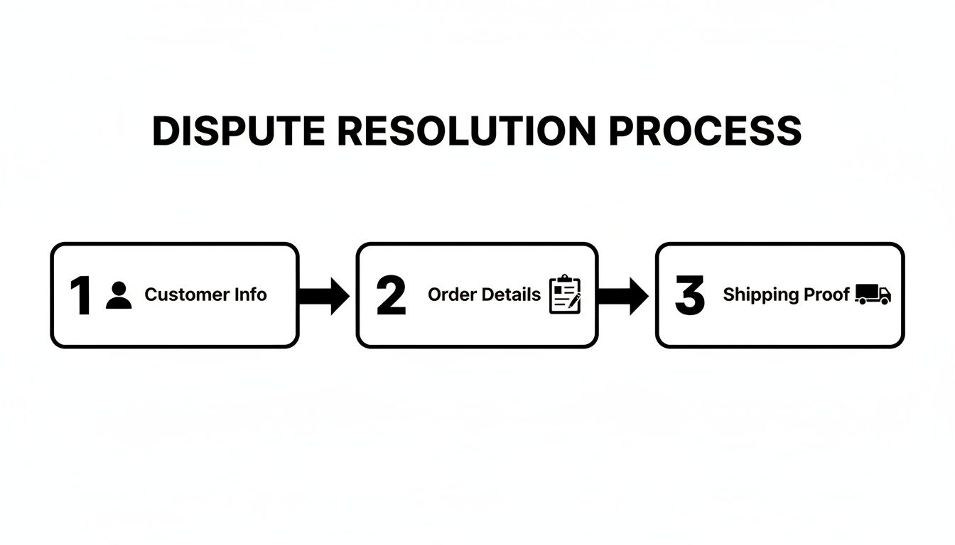 Flowchart outlining a dispute resolution process with three key steps: customer information, order details, and shipping proof.