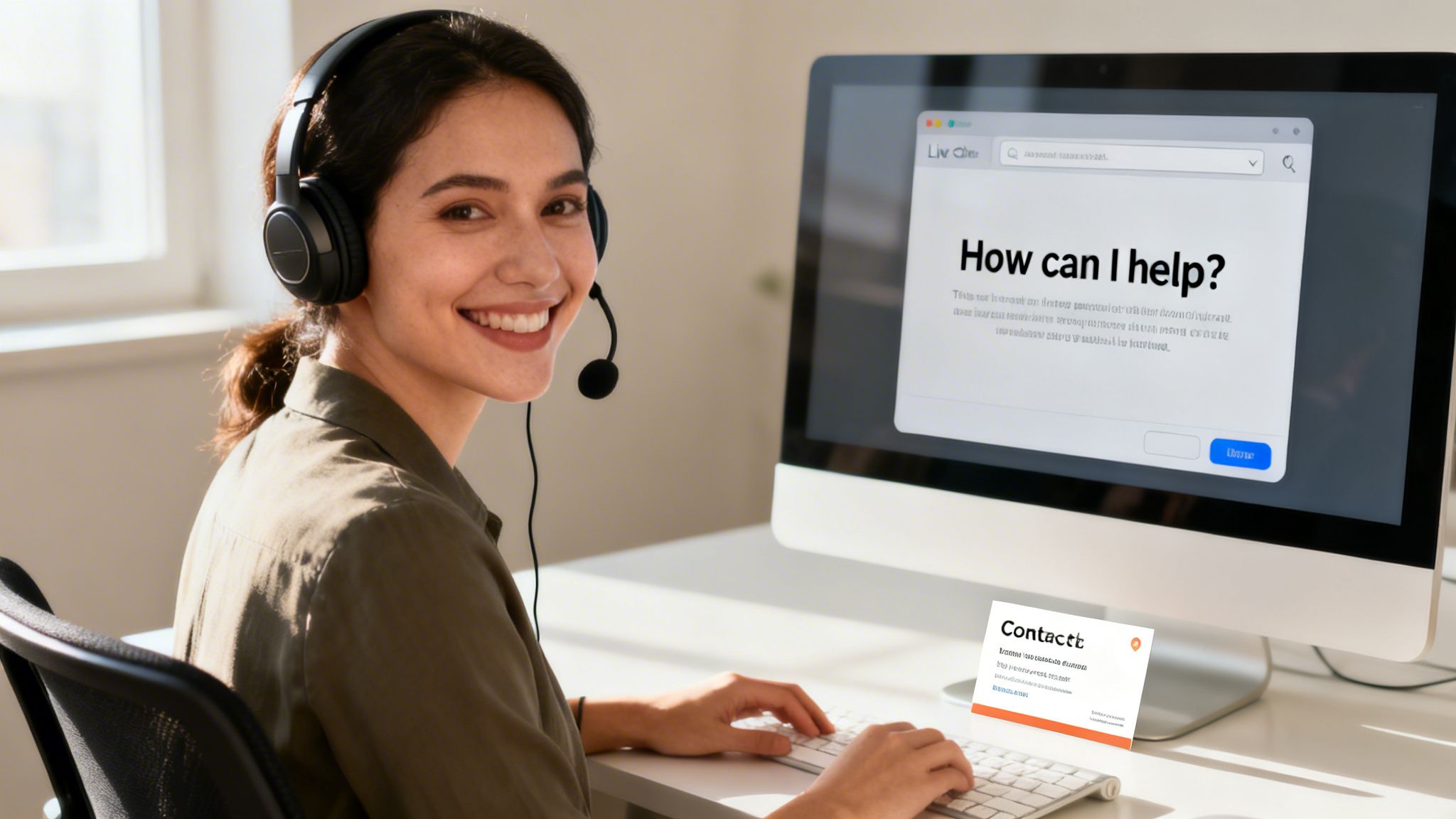 A smiling woman wearing a headset, working at a computer with a 'How can I help?' screen.