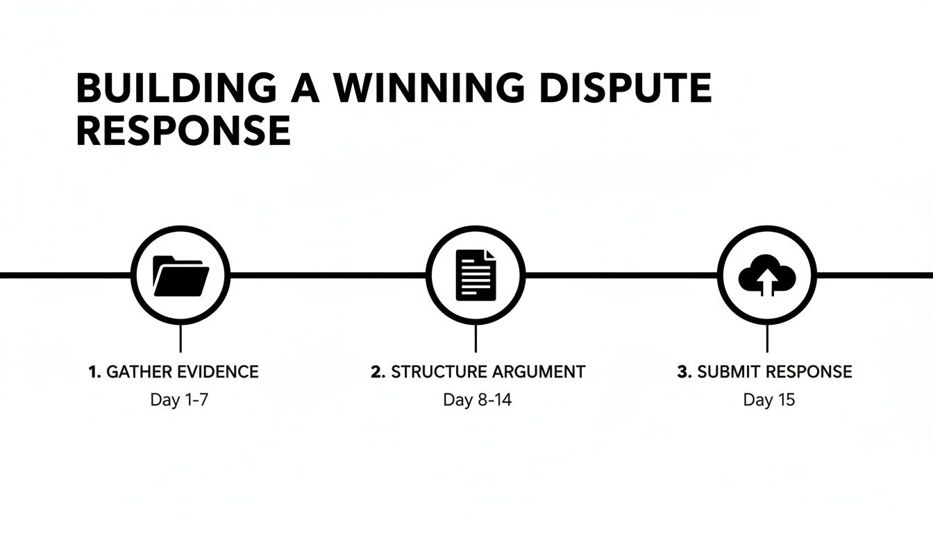A three-step timeline for building a winning dispute response: gather evidence, structure argument, and submit response.