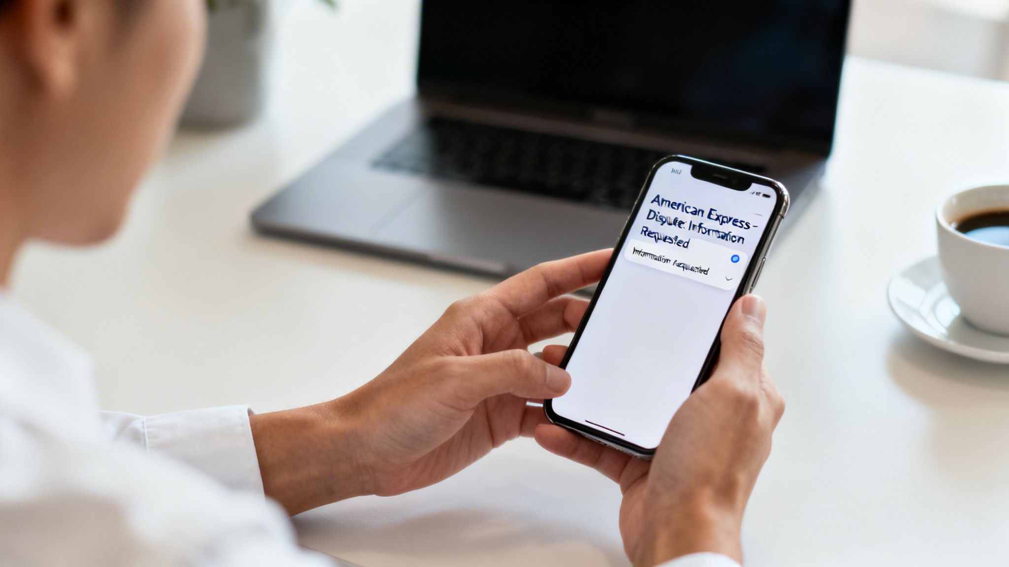 A person holds a smartphone displaying an American Express dispute information requested notification with a laptop and coffee in the background.