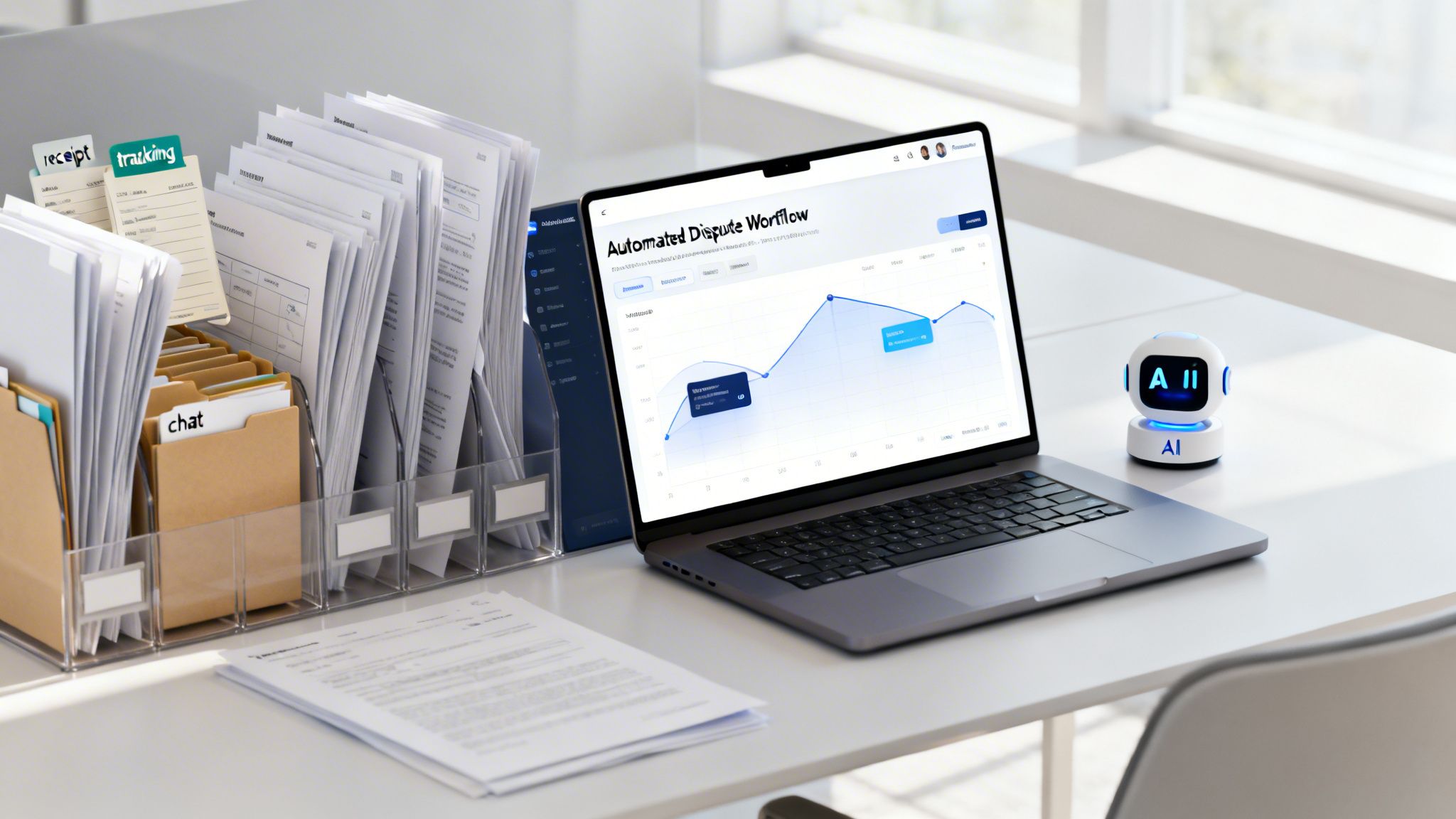 Workspace with a laptop displaying an automated dispute workflow, an AI robot, and organized documents.