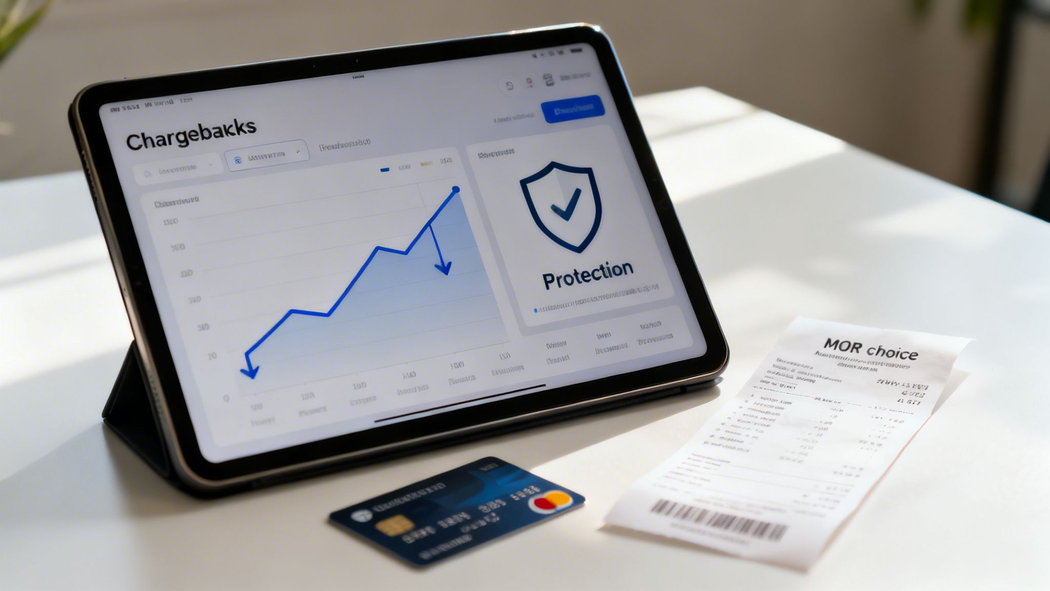 Tablet with 'Chargebakks' dashboard, showing financial data, a protection icon, credit card, and receipt.