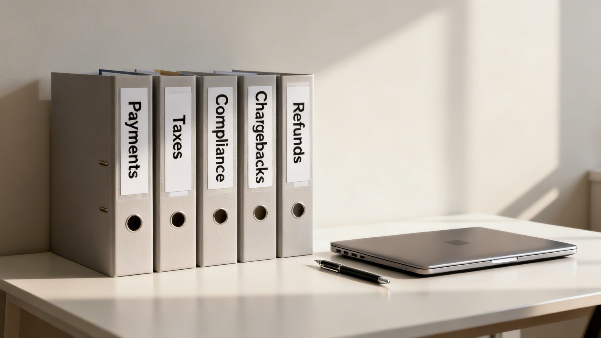 Five financial binders labeled Payments, Taxes, Compliance, Chargebacks, Refunds, next to a laptop and pen.