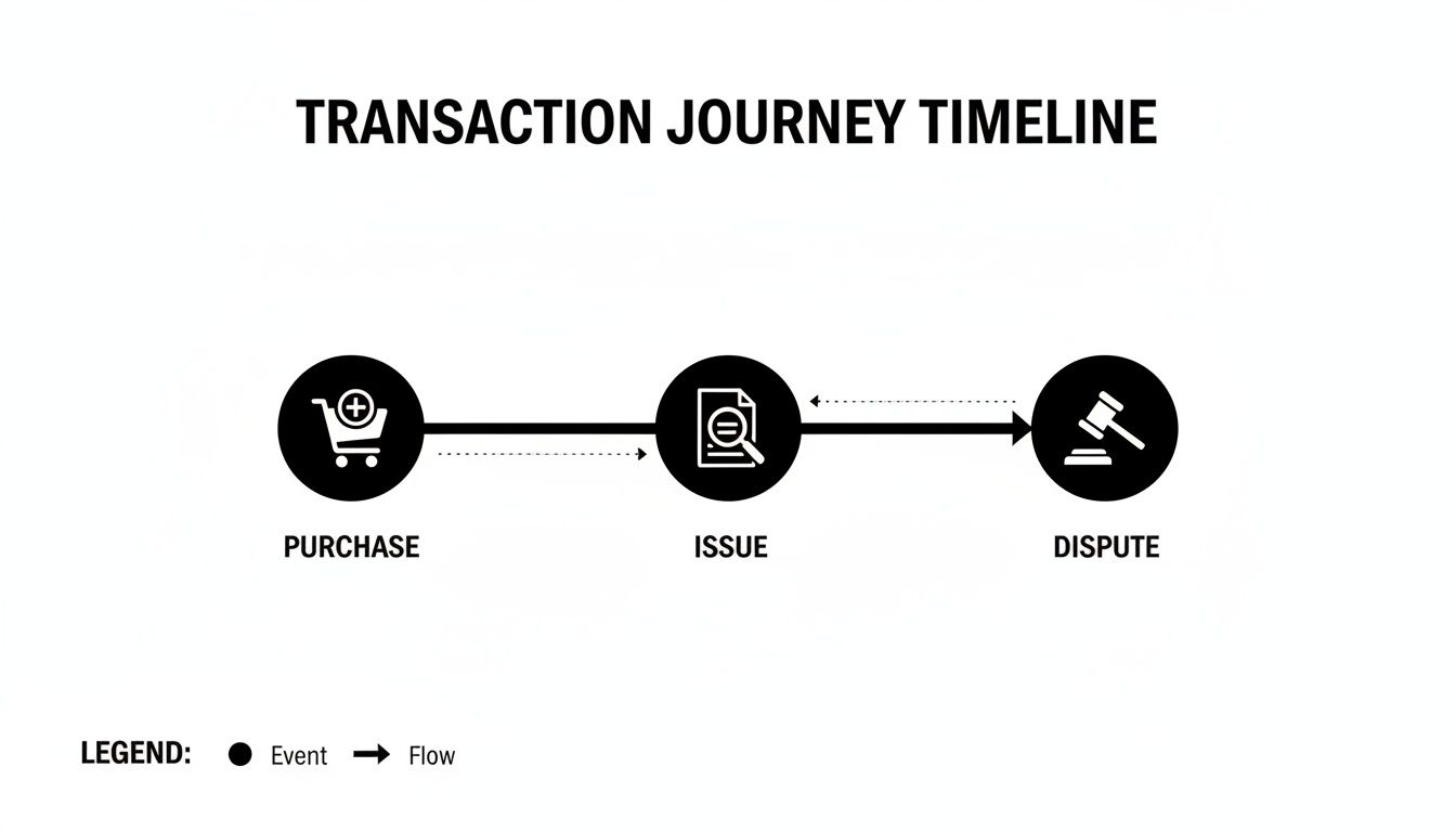 A transaction journey timeline illustrating the flow from purchase to issue and potential dispute.
