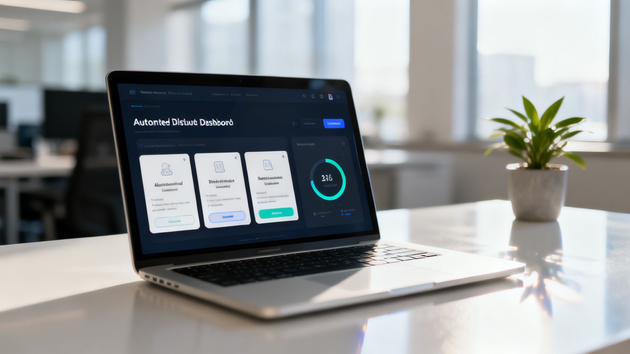 A laptop displays an automated dispute dashboard with charts and data in a modern office.