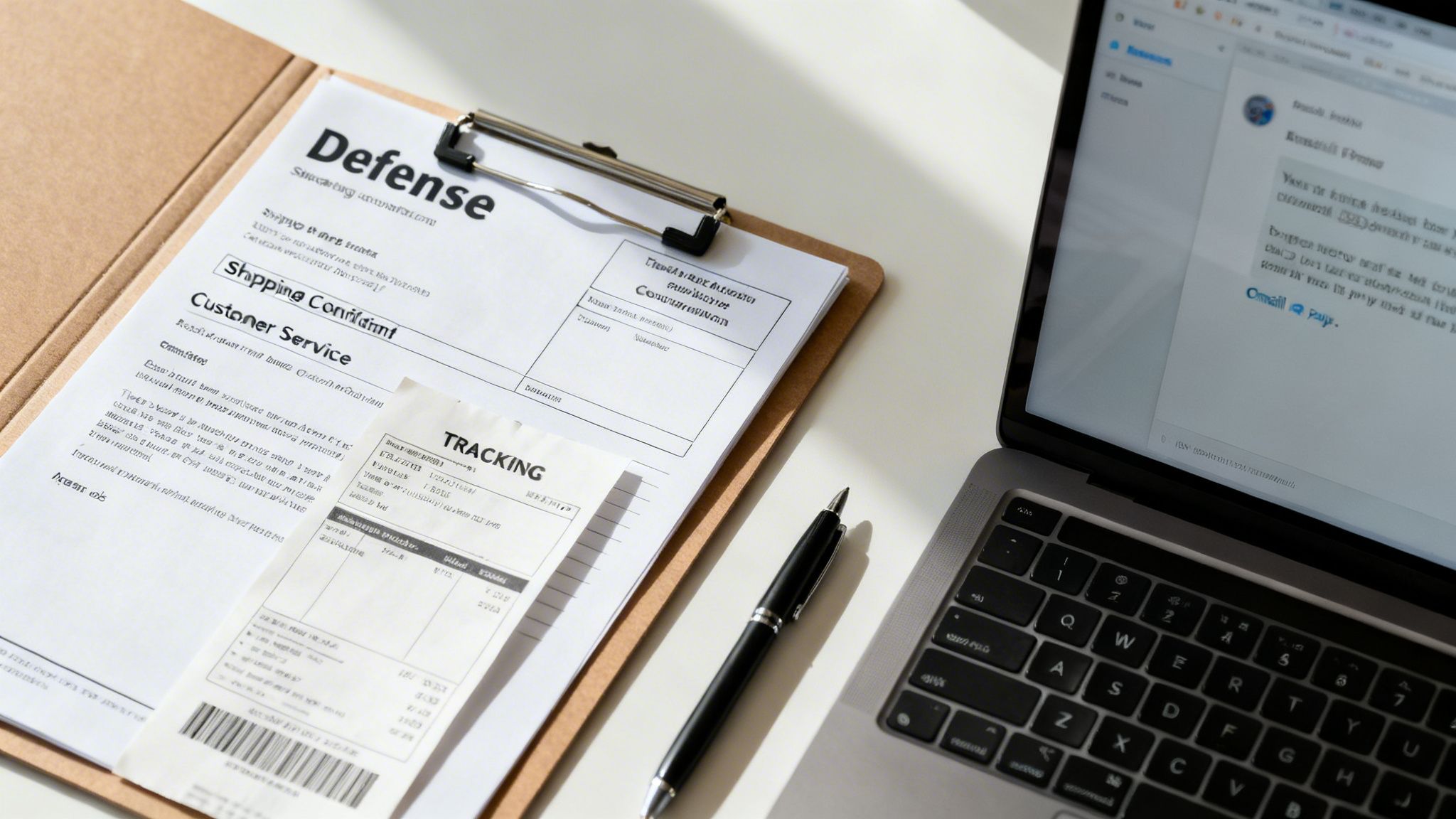 A close-up of a desk with customer service documents on a clipboard, a pen, and a laptop.