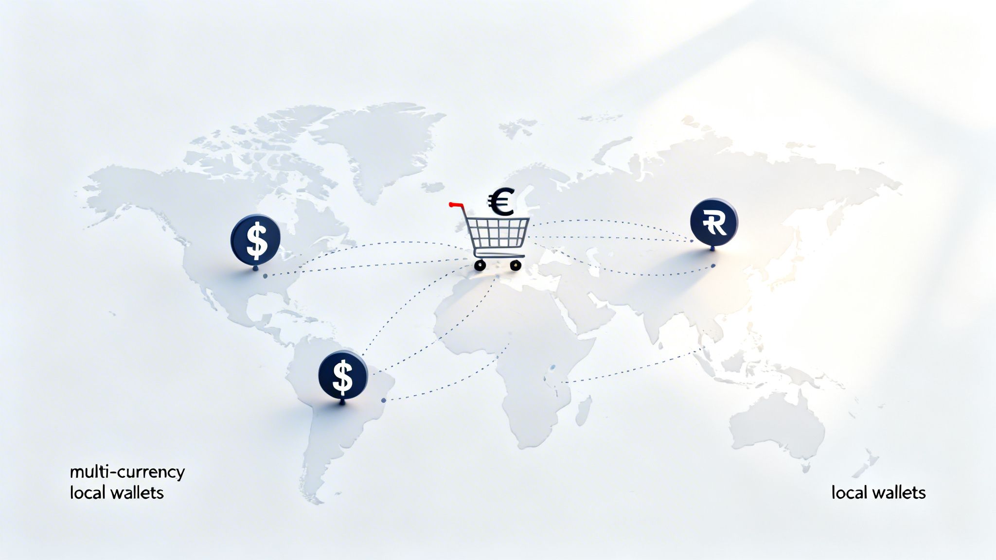 World map illustrating global multi-currency payments, local wallets, and e-commerce transactions.