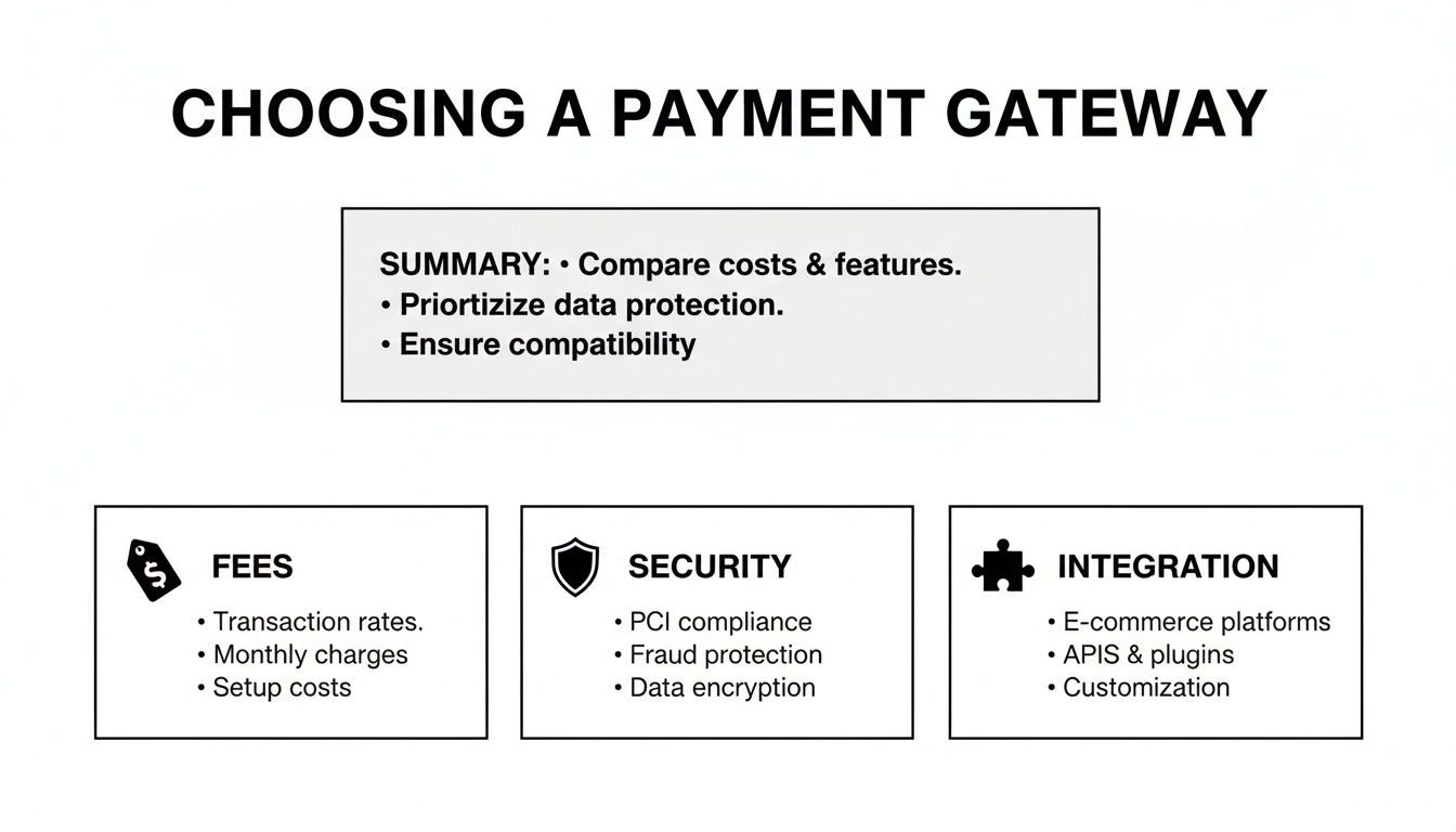 Infographic outlining key considerations for choosing a payment gateway: fees, security, and integration.