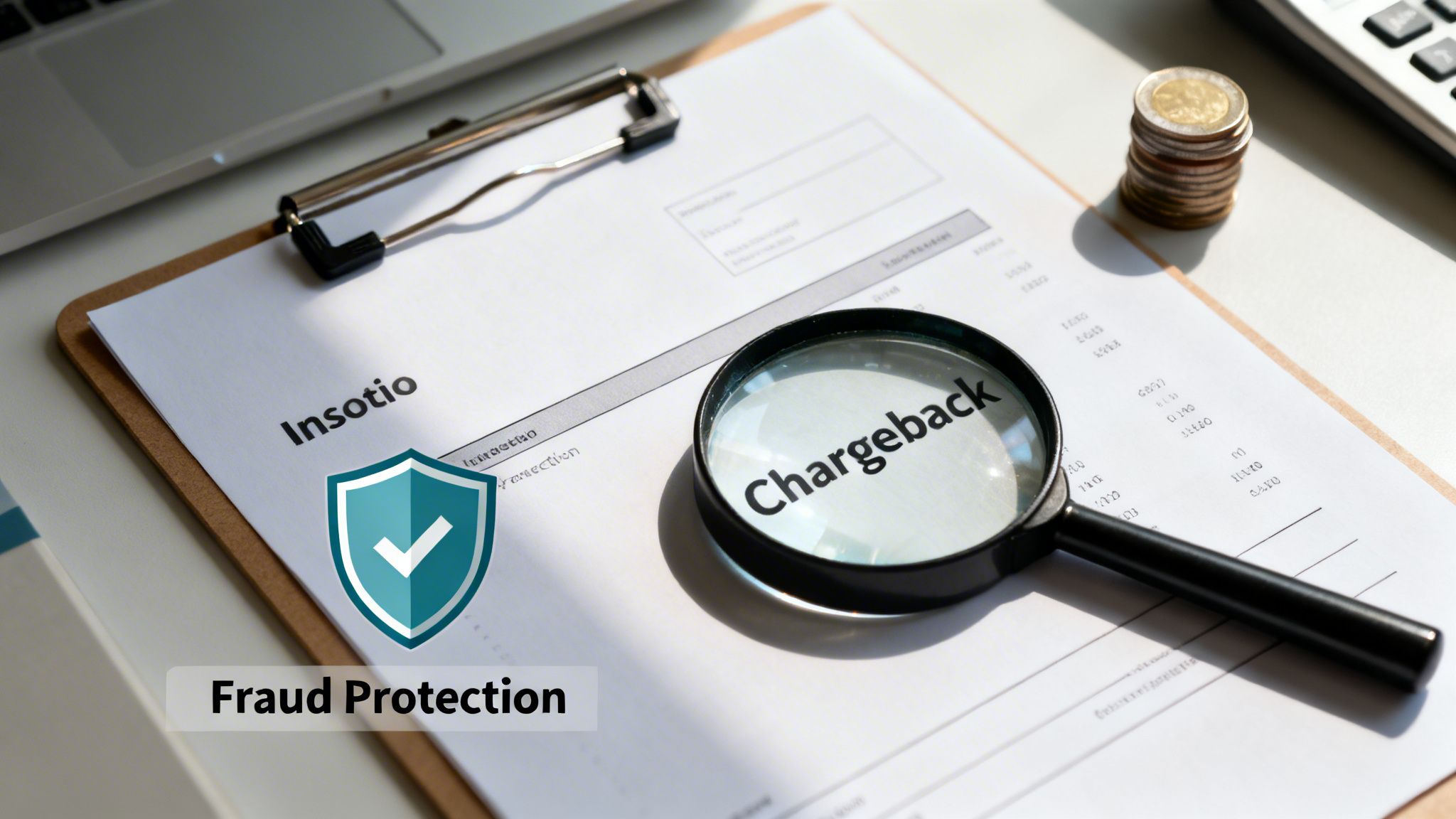 A document displaying 'Chargeback' through a magnifying glass, with 'Insotio' and 'Fraud Protection'.