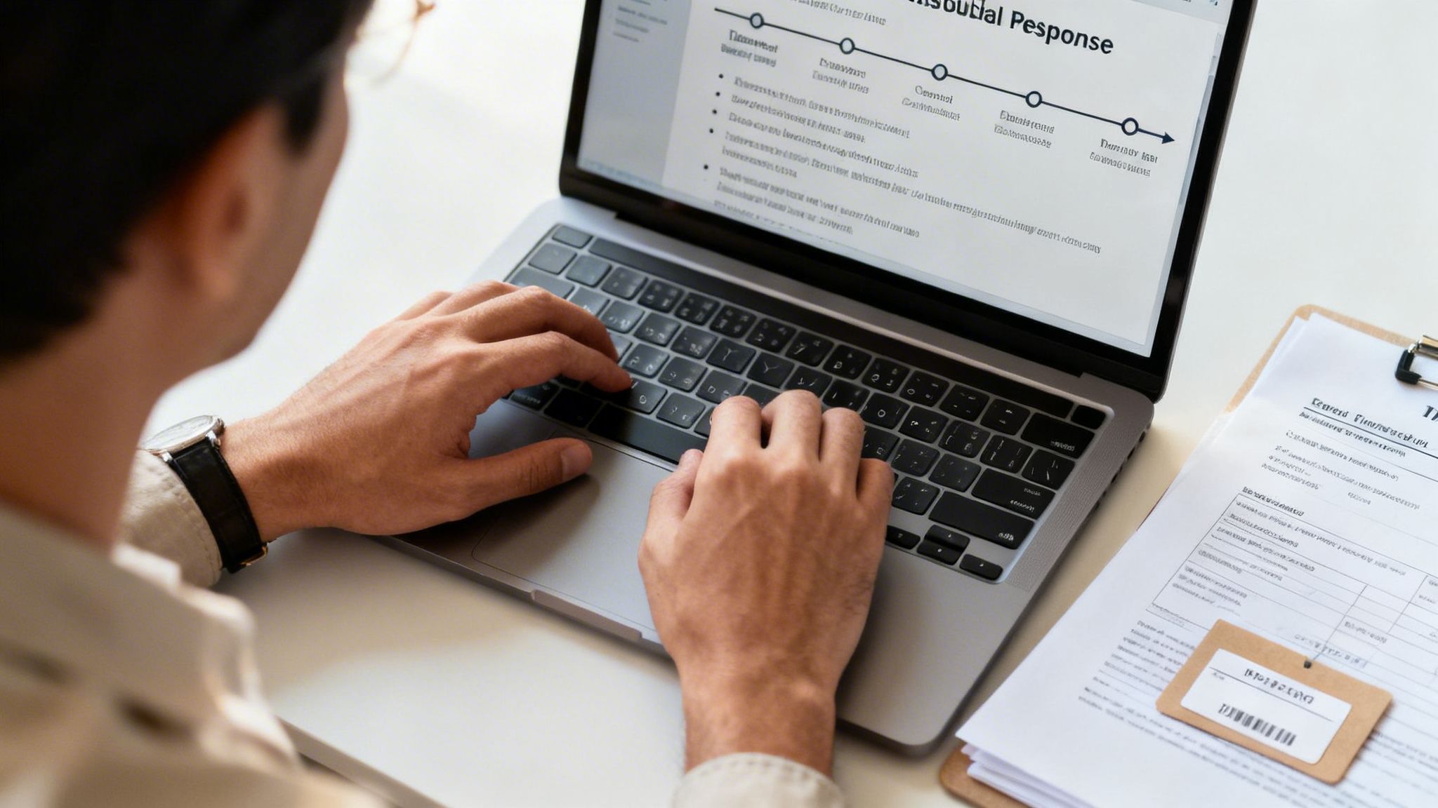 A person types on a laptop, with documents and a watch on the desk.