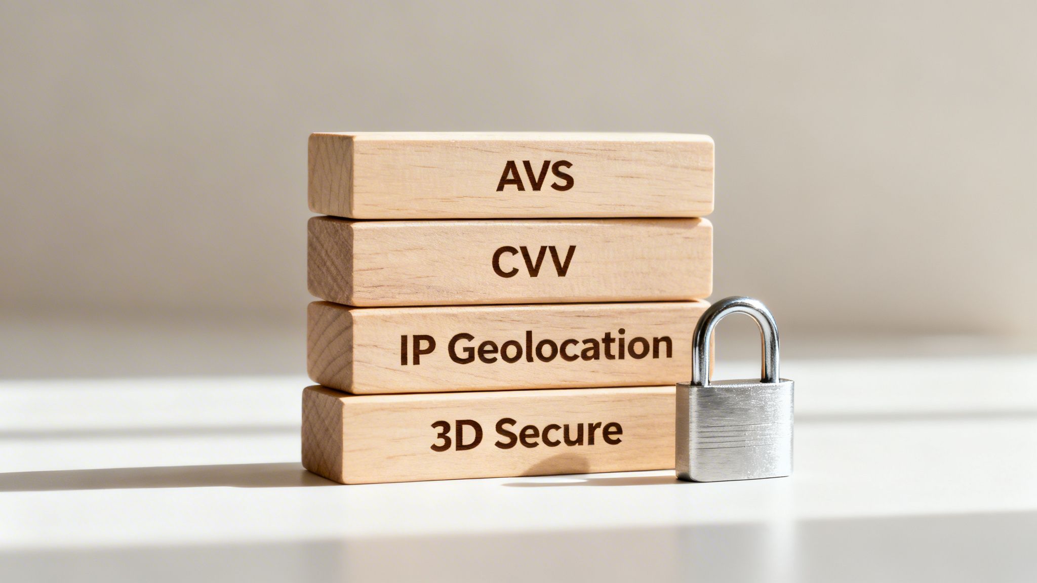 Wooden blocks listing AVS, CVV, IP Geolocation, and 3D Secure next to a padlock, symbolizing payment security measures.