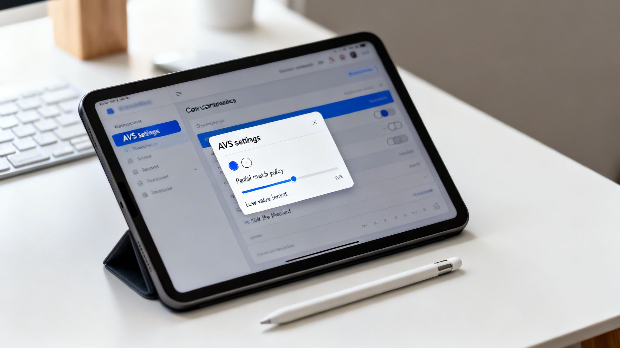 A tablet displays 'AVS settings' with blue sliders and options on a white desk next to a white stylus.