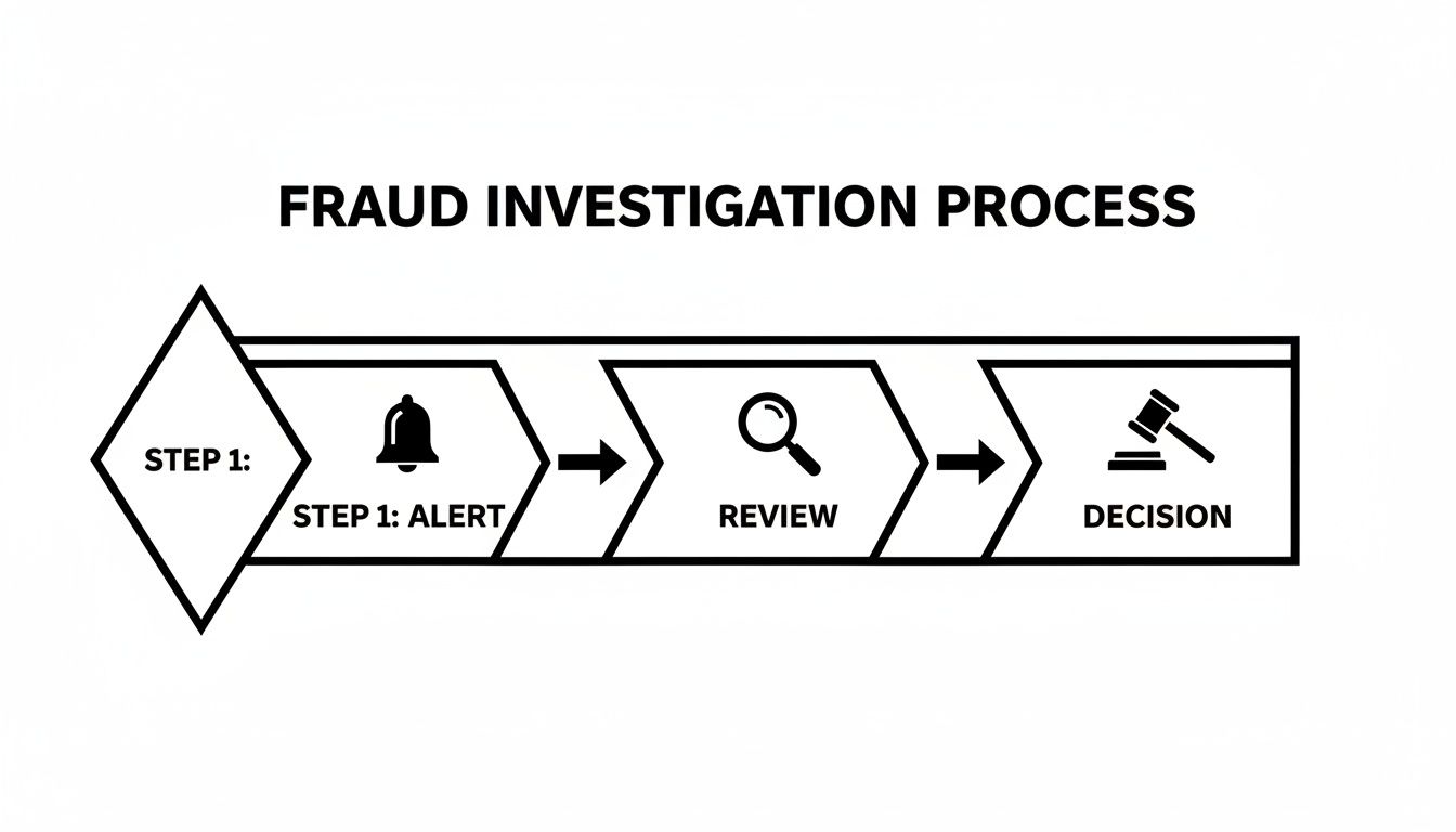 Flowchart illustrating the fraud investigation process with steps: alert, review, and decision.