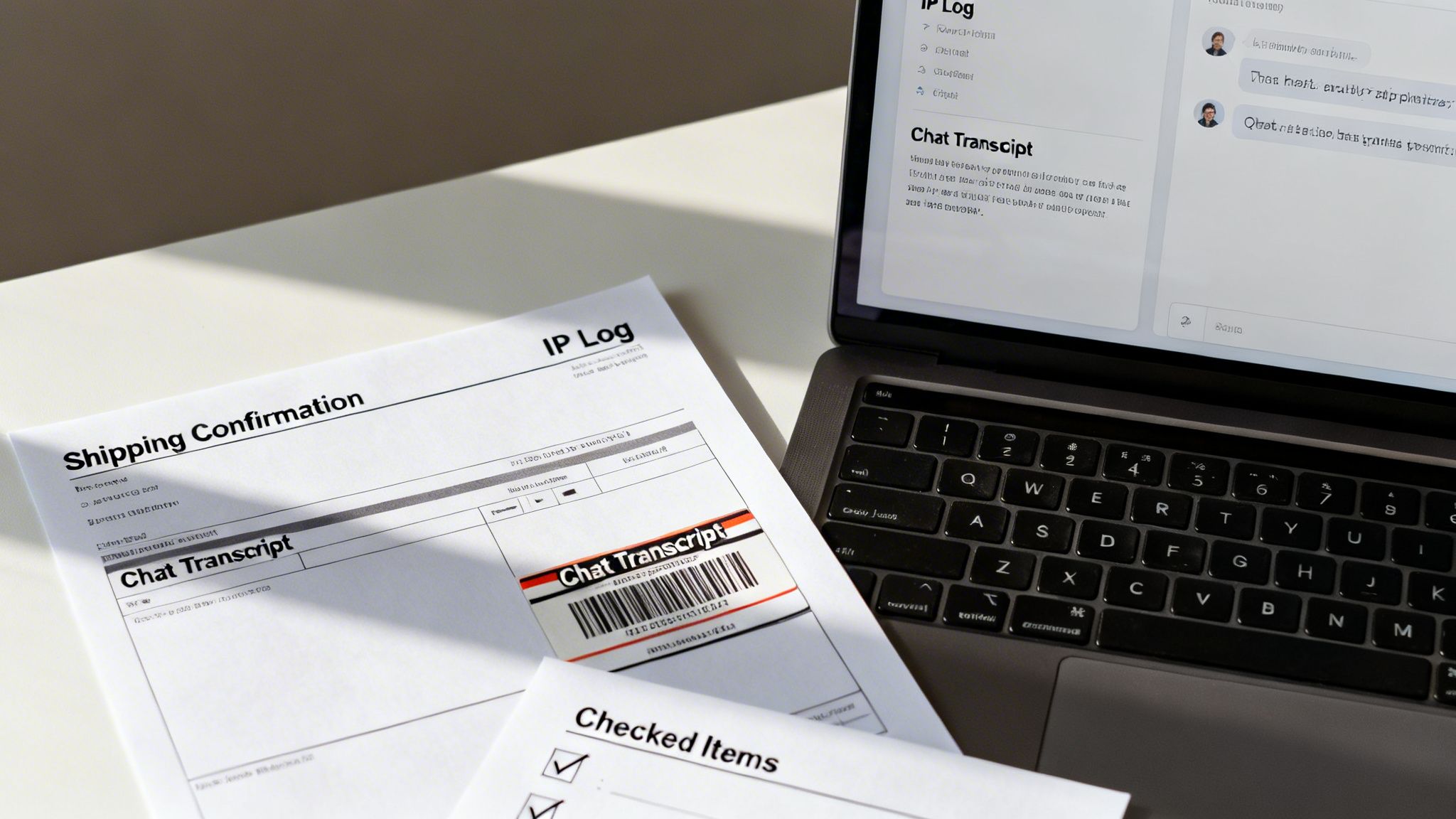 Close-up of documents and a laptop displaying chat transcripts and IP logs on a white desk.