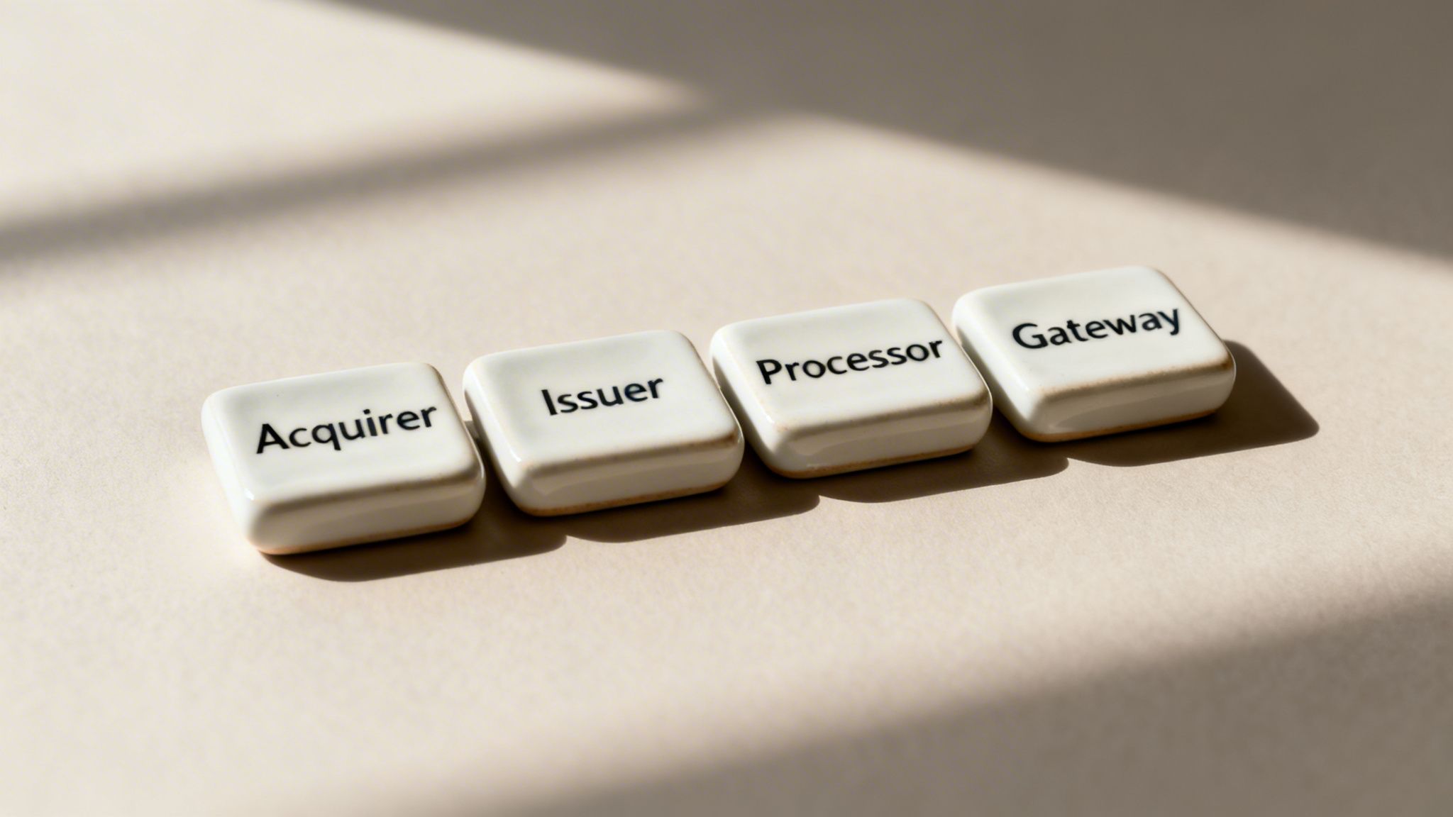 Four white ceramic tiles display words: Acquirer, Issuer, Processor, and Gateway, on a light background.