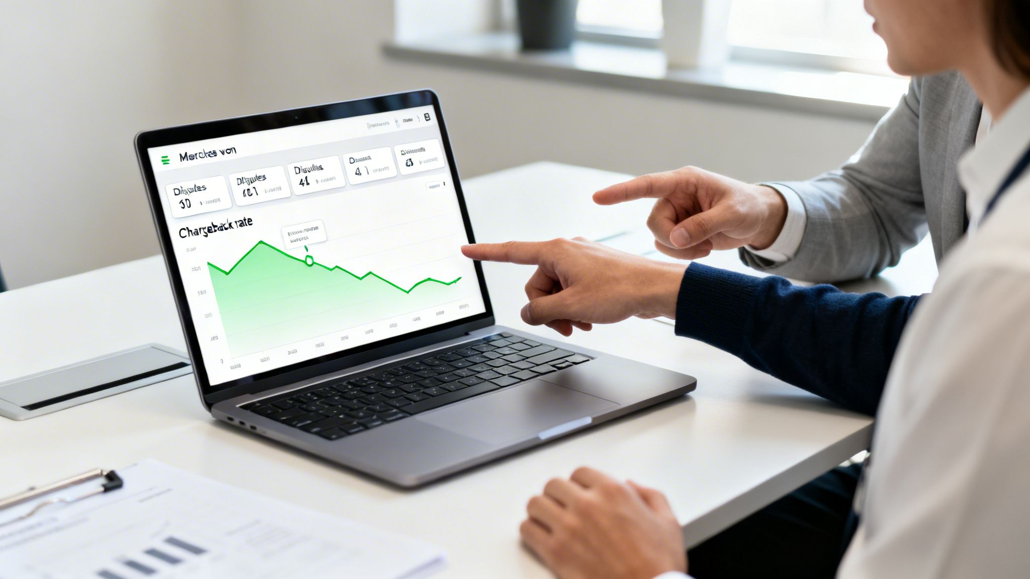 Two business professionals discussing financial data and chargeback rates on a laptop screen.