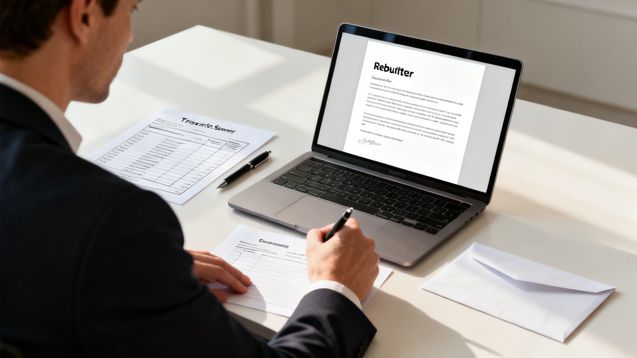 Professional man actively writing on documents at a desk with a laptop showing a formal letter.