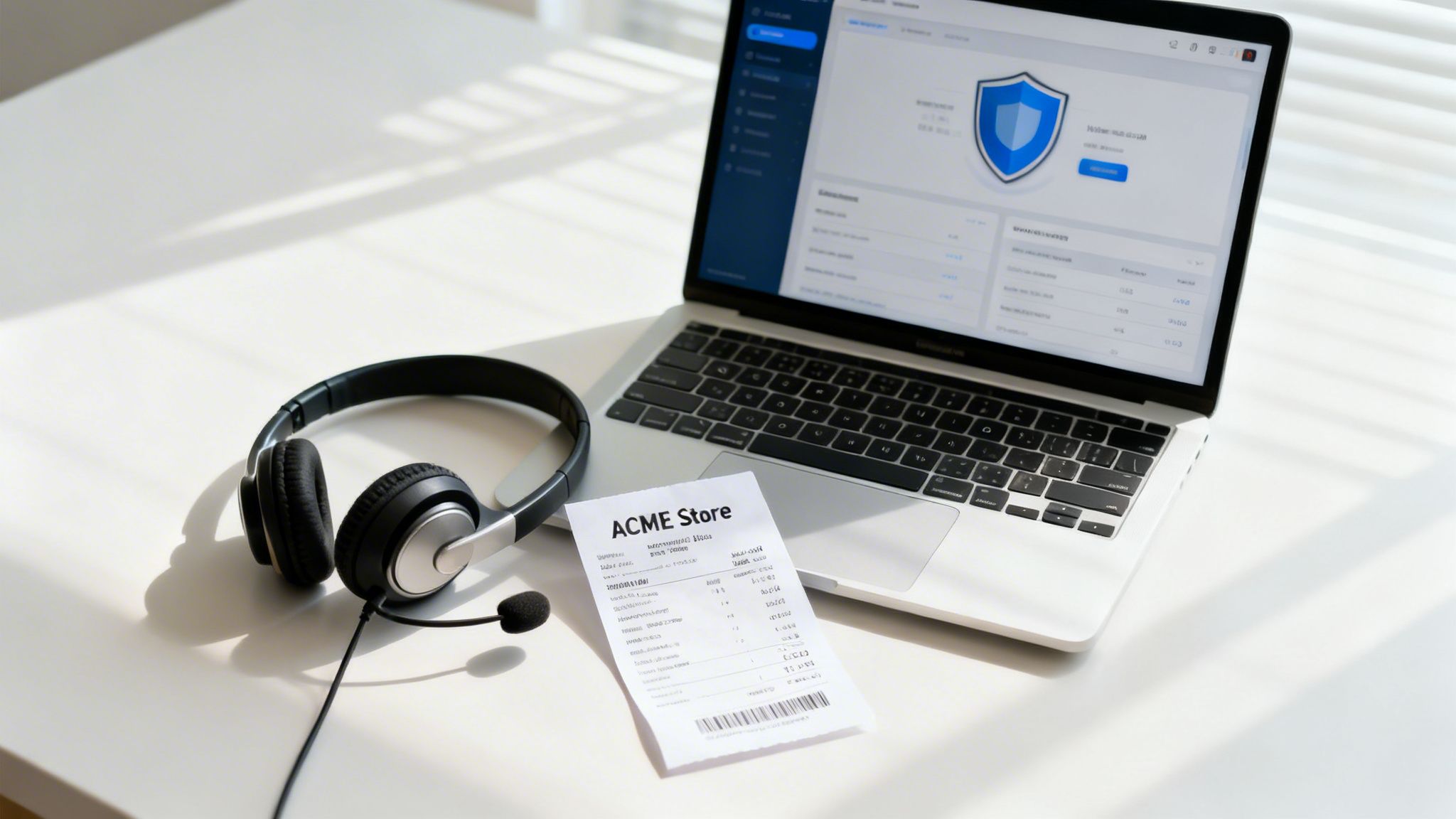 A clean white desk with a laptop, headphones with a mic, and a store receipt.