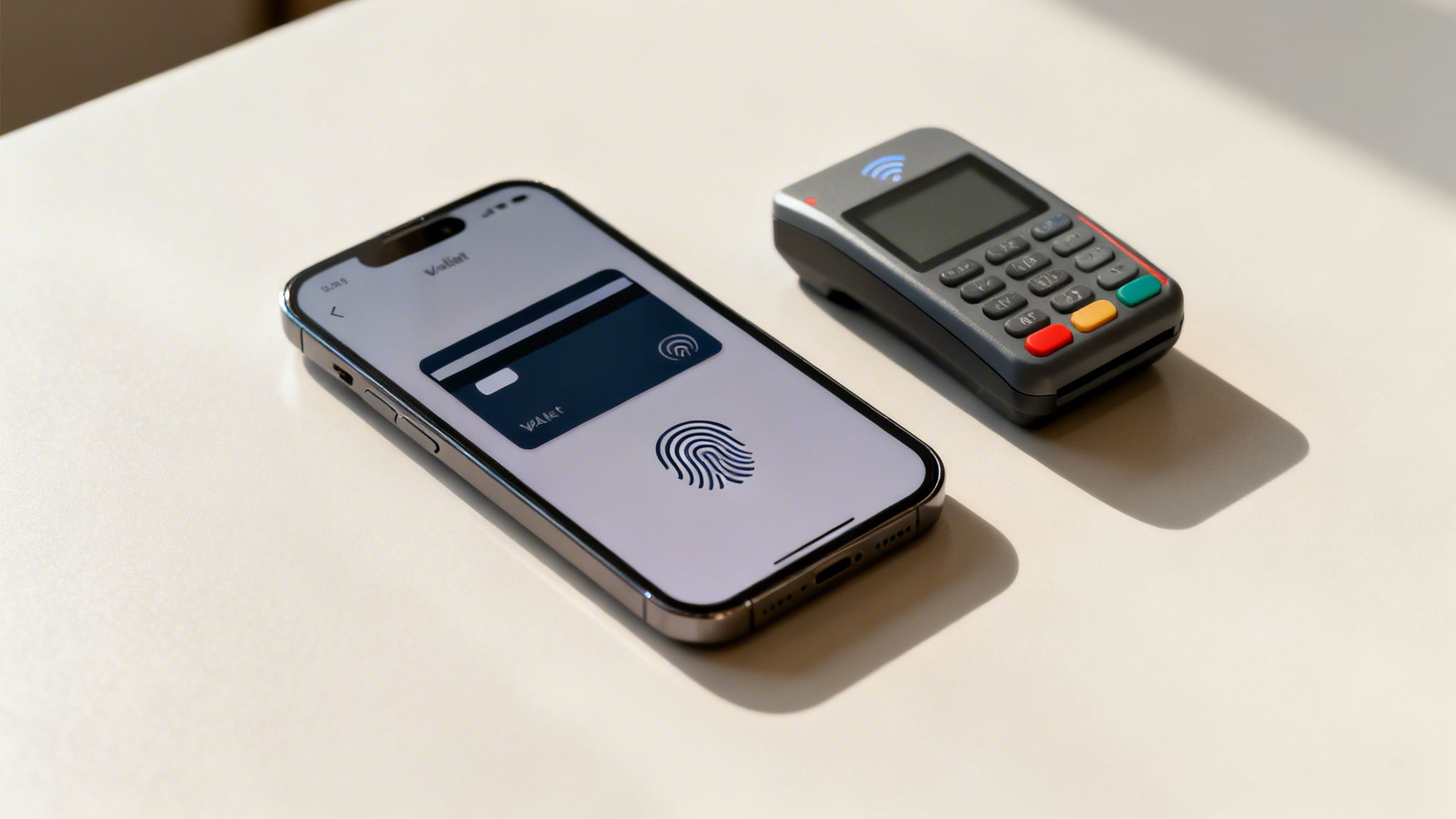 Smartphone showing digital wallet with credit card and fingerprint for payment next to a contactless POS terminal.