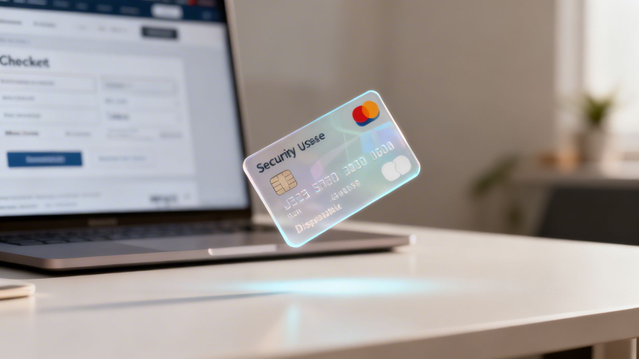 A futuristic, glowing credit card floats above a desk next to a laptop displaying an online form.
