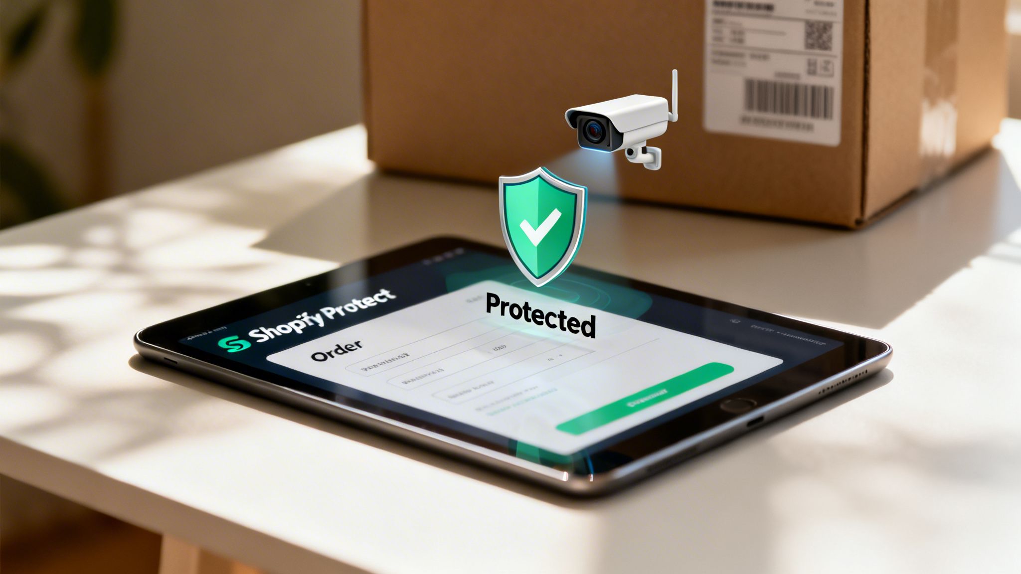A tablet displaying 'Shopify Protect' and 'Protected' with a shield and security camera, implying secure online orders.